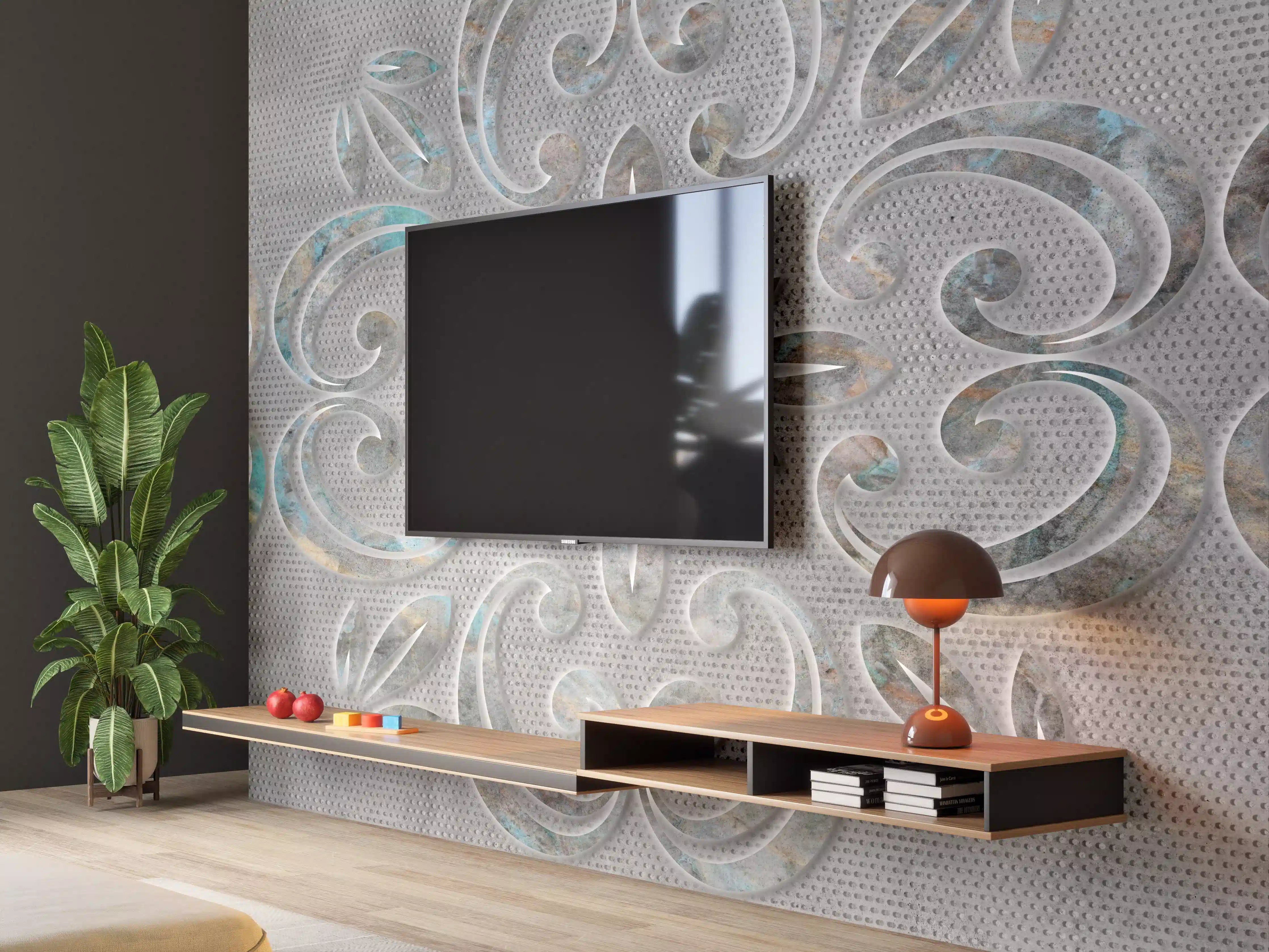 Wandverkleidung Wohnzimmer - Graues Ornamentmuster - Zementwandtextur
