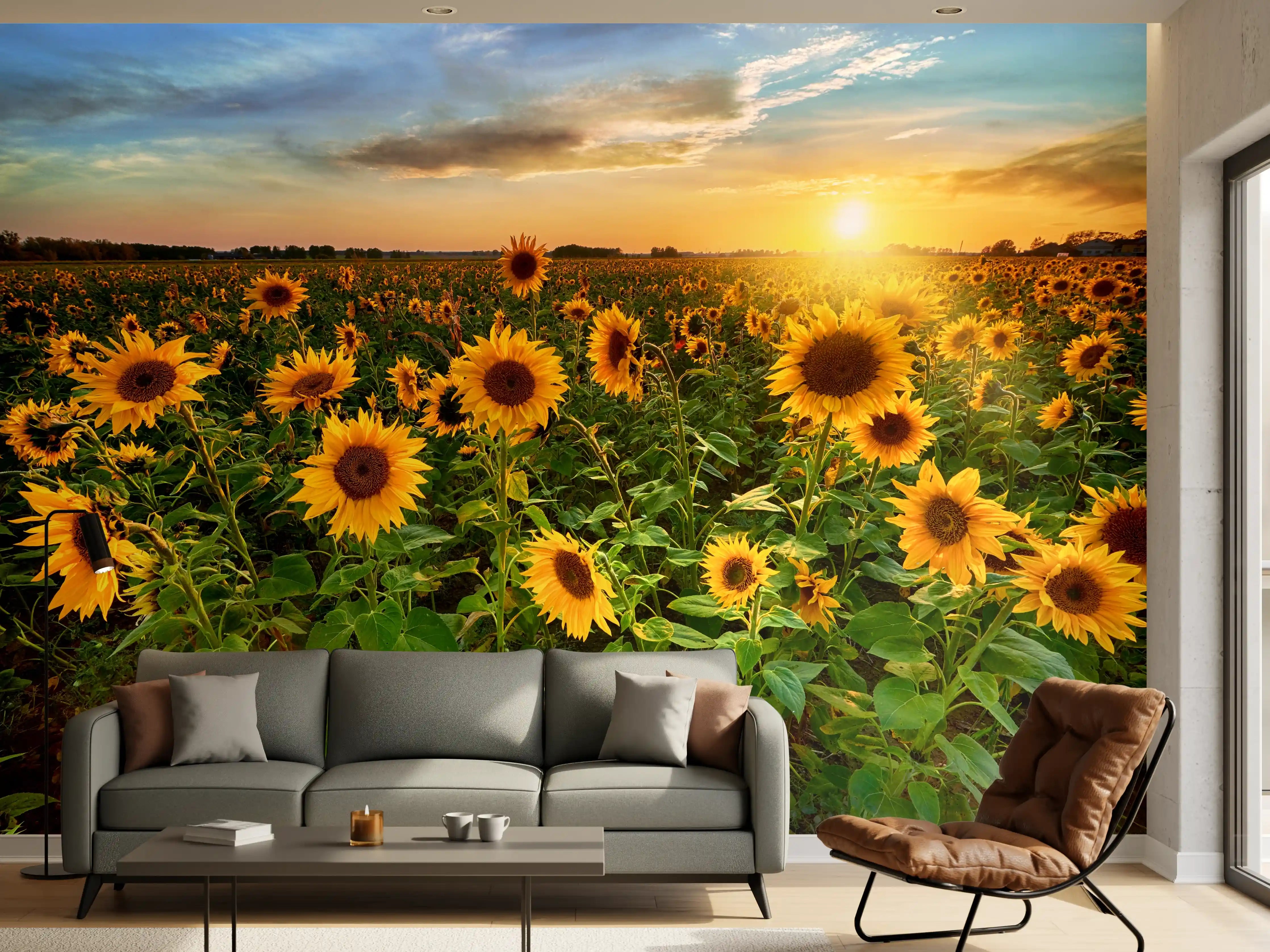 Wandverkleidung Wohnzimmer - Grauwe Sonnenblumen bei Dämmerung