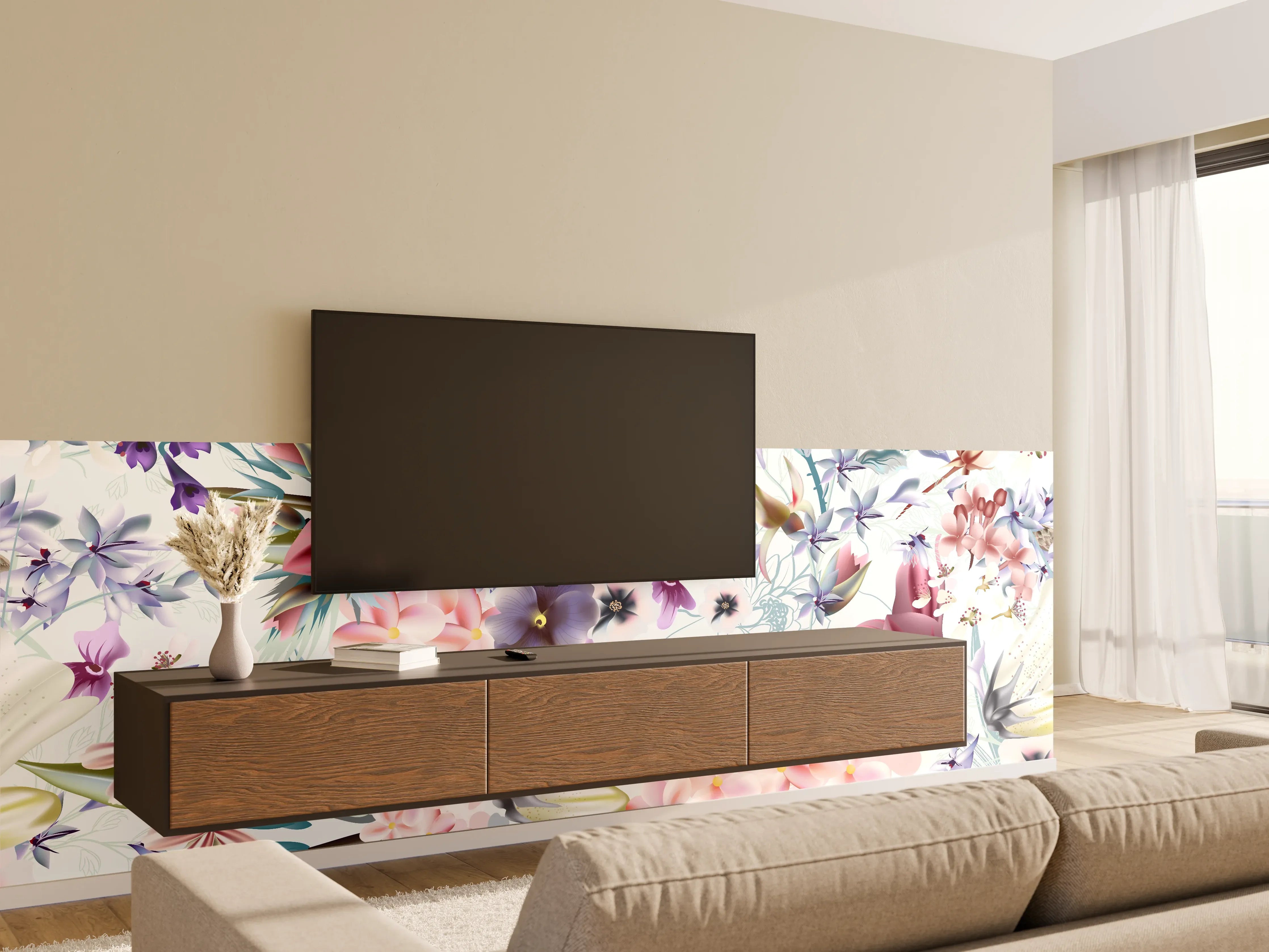 Wandverkleidung Wohnzimmer - Grauweißer Frühlingsgarten
