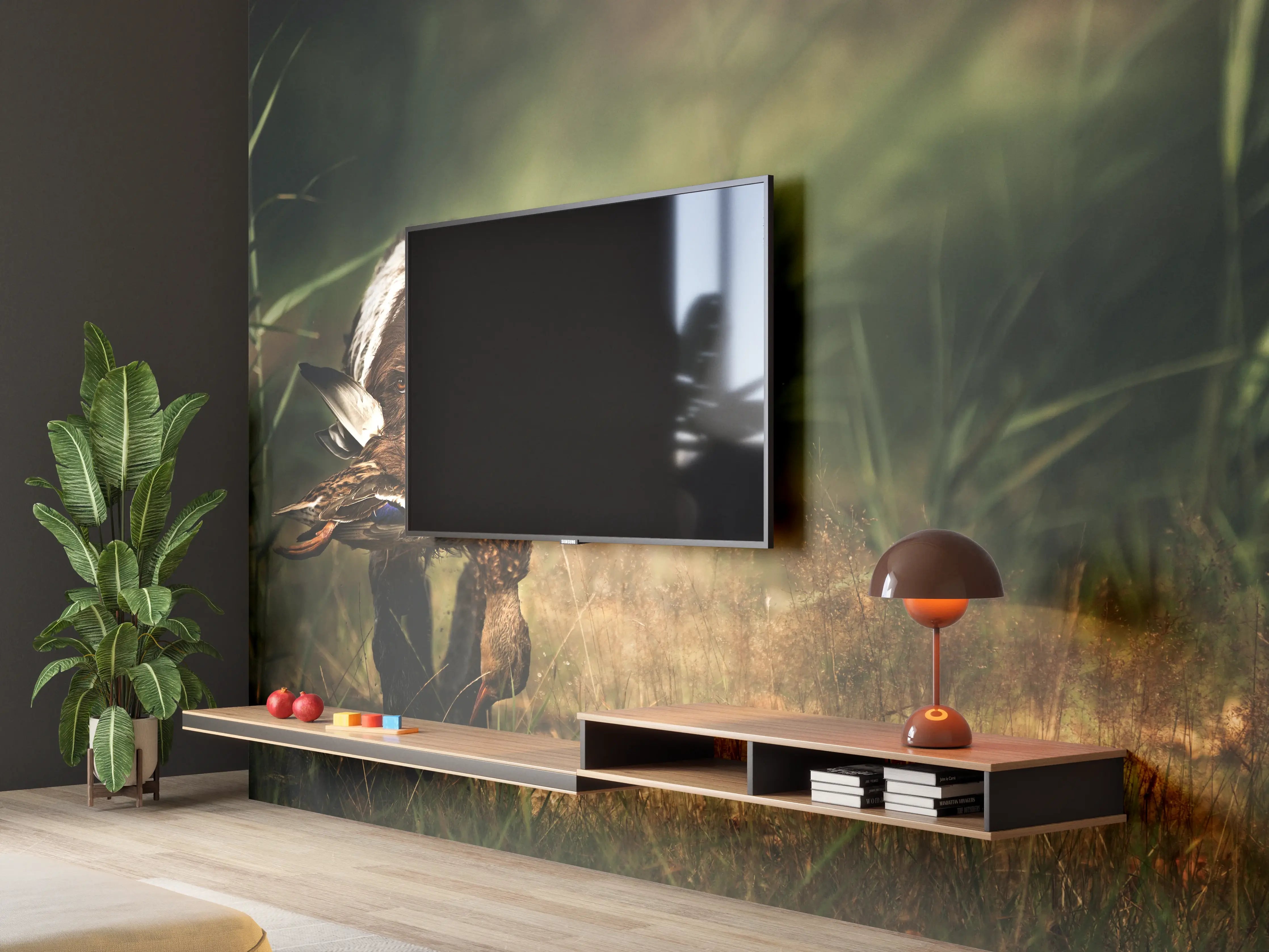 Wandverkleidung Wohnzimmer - Griffon Korthals beim Apportieren einer Ente