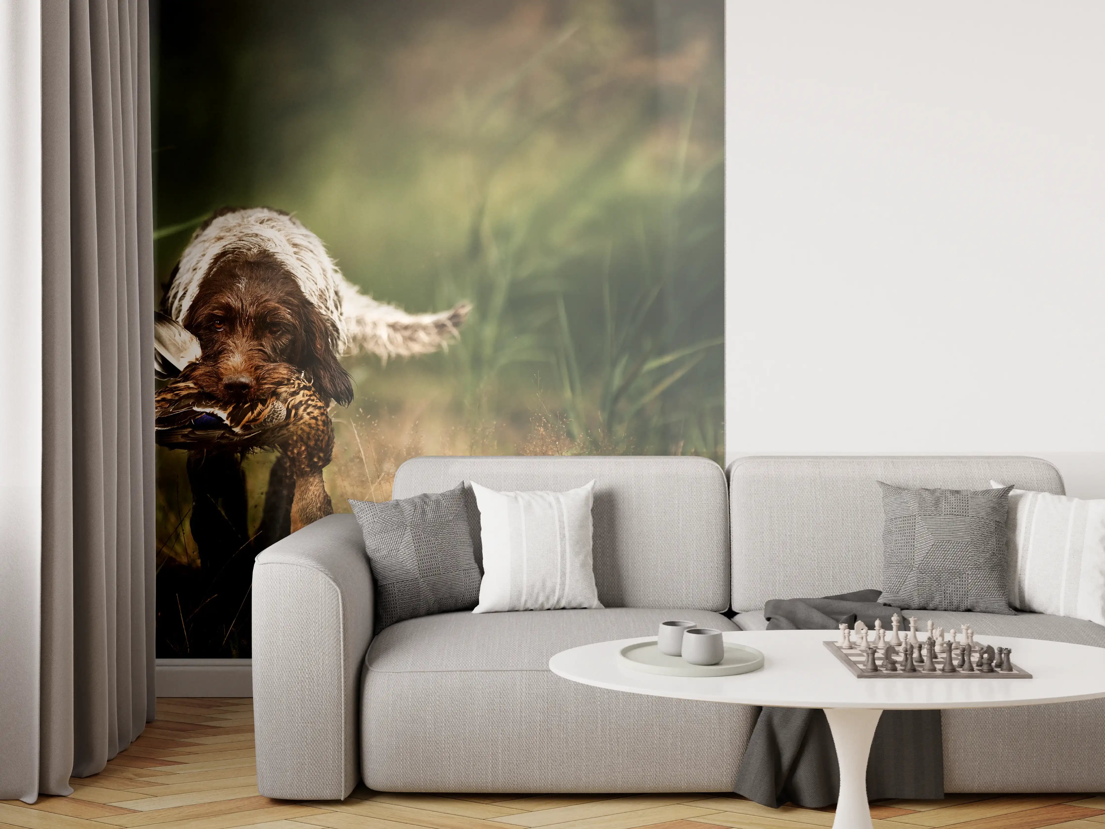 Wandverkleidung Wohnzimmer - Griffon Korthals beim Apportieren einer Ente