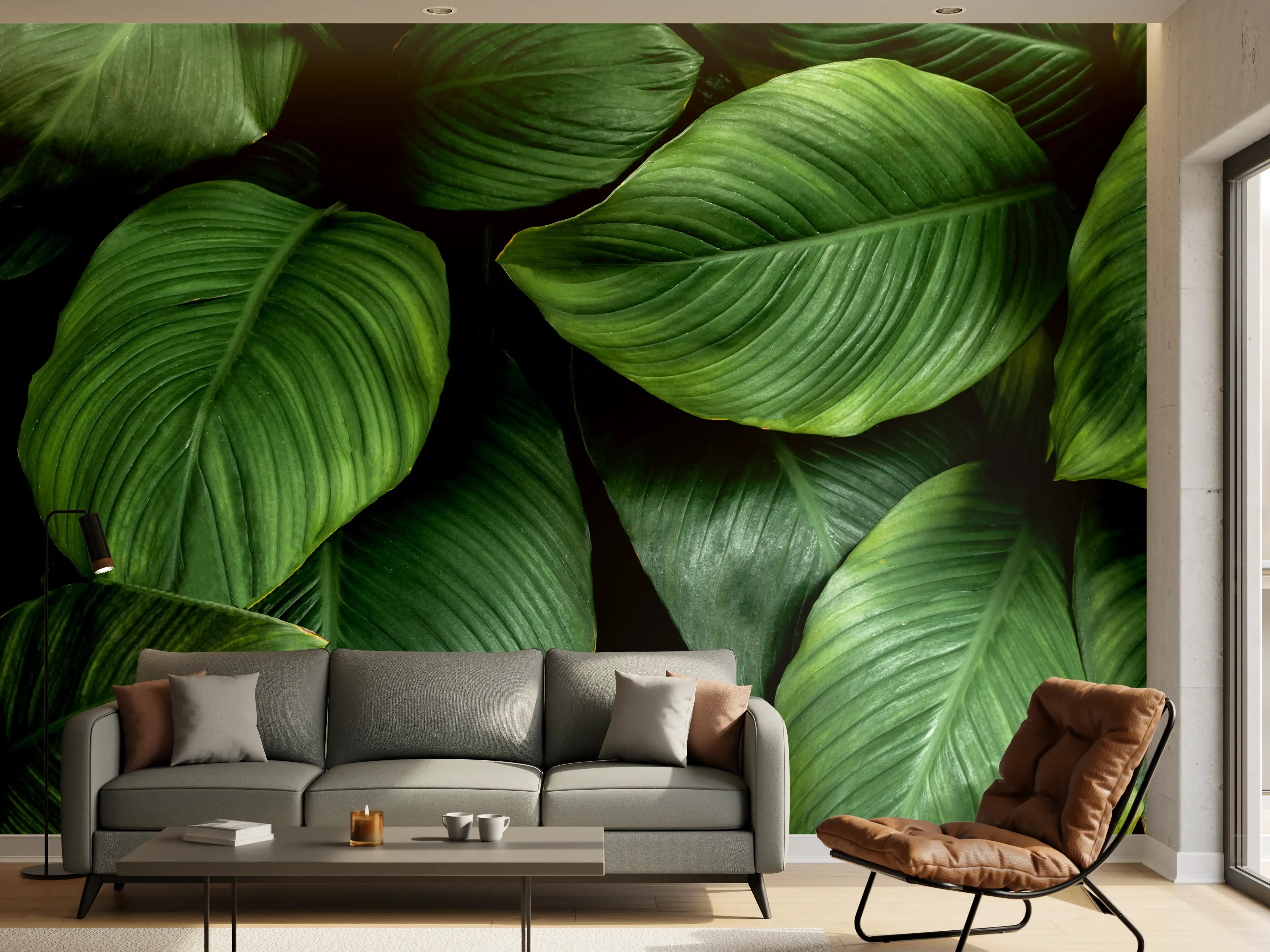 Wandverkleidung Wohnzimmer - Große grüne Blätter