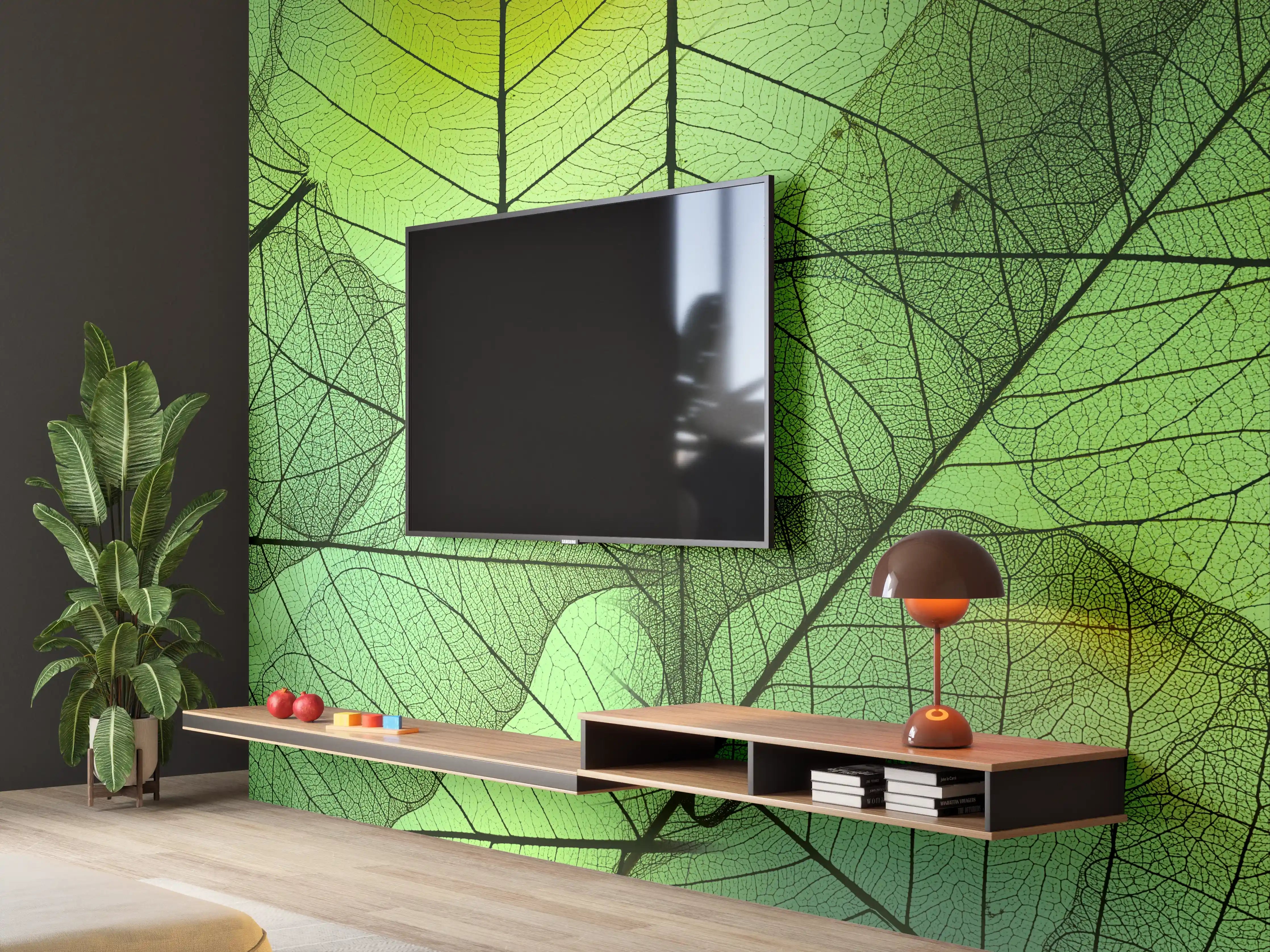 Wandverkleidung Wohnzimmer - Grün-Gelbe Blattstruktur Makro