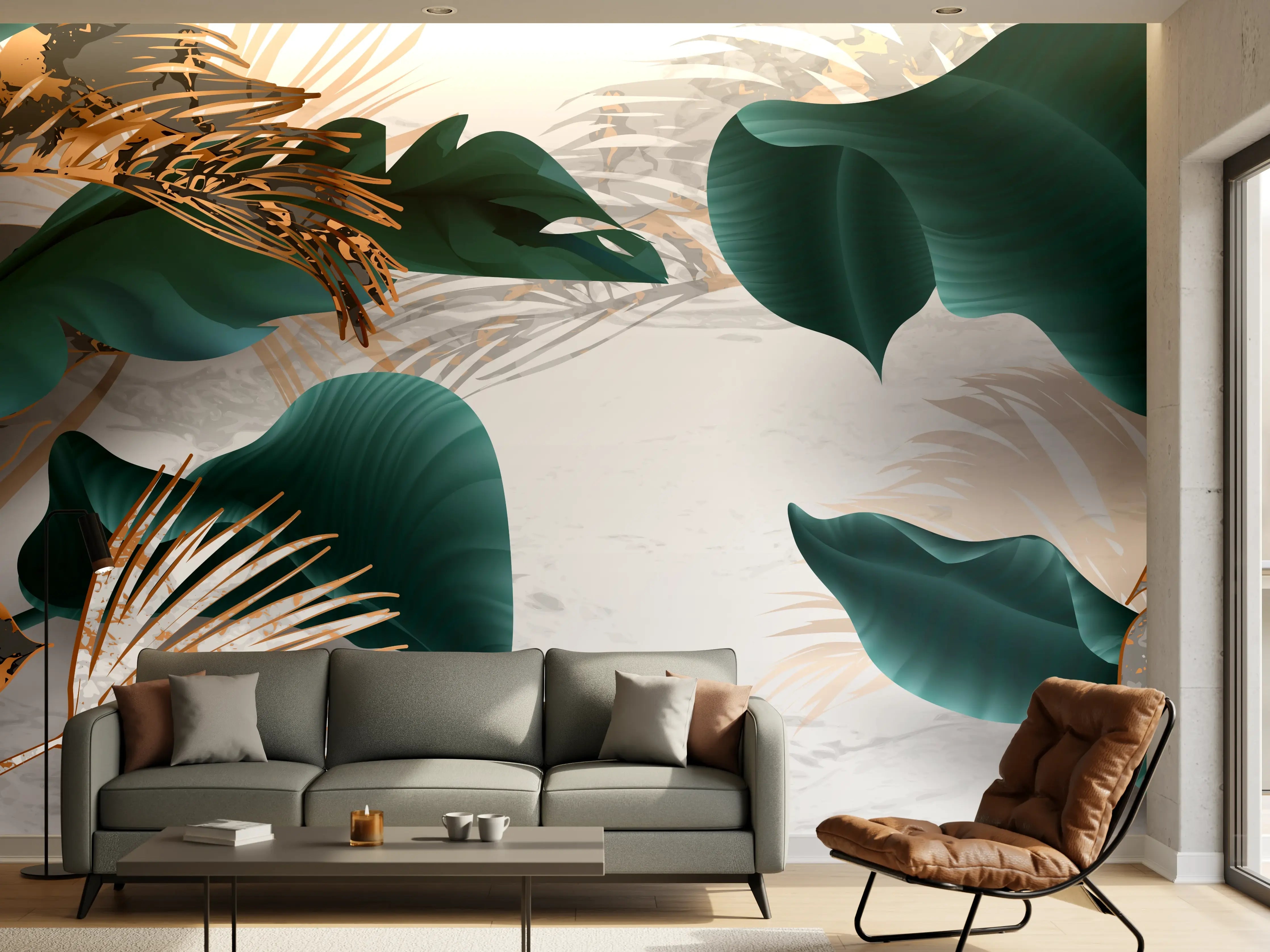 Wandverkleidung Wohnzimmer - Grün-Goldene Pflanzenmusterung