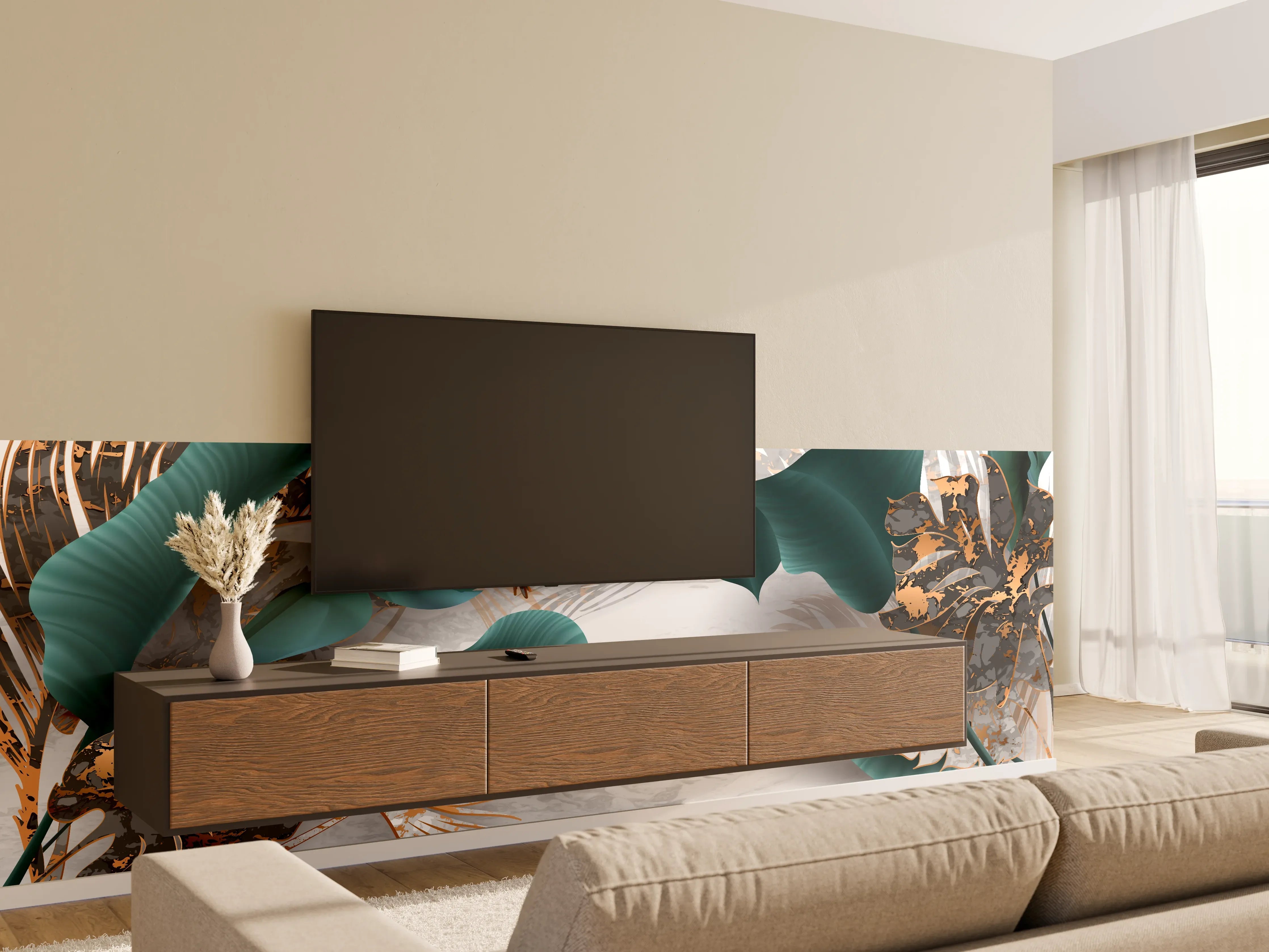 Wandverkleidung Wohnzimmer - Grün-Goldene Pflanzenmusterung