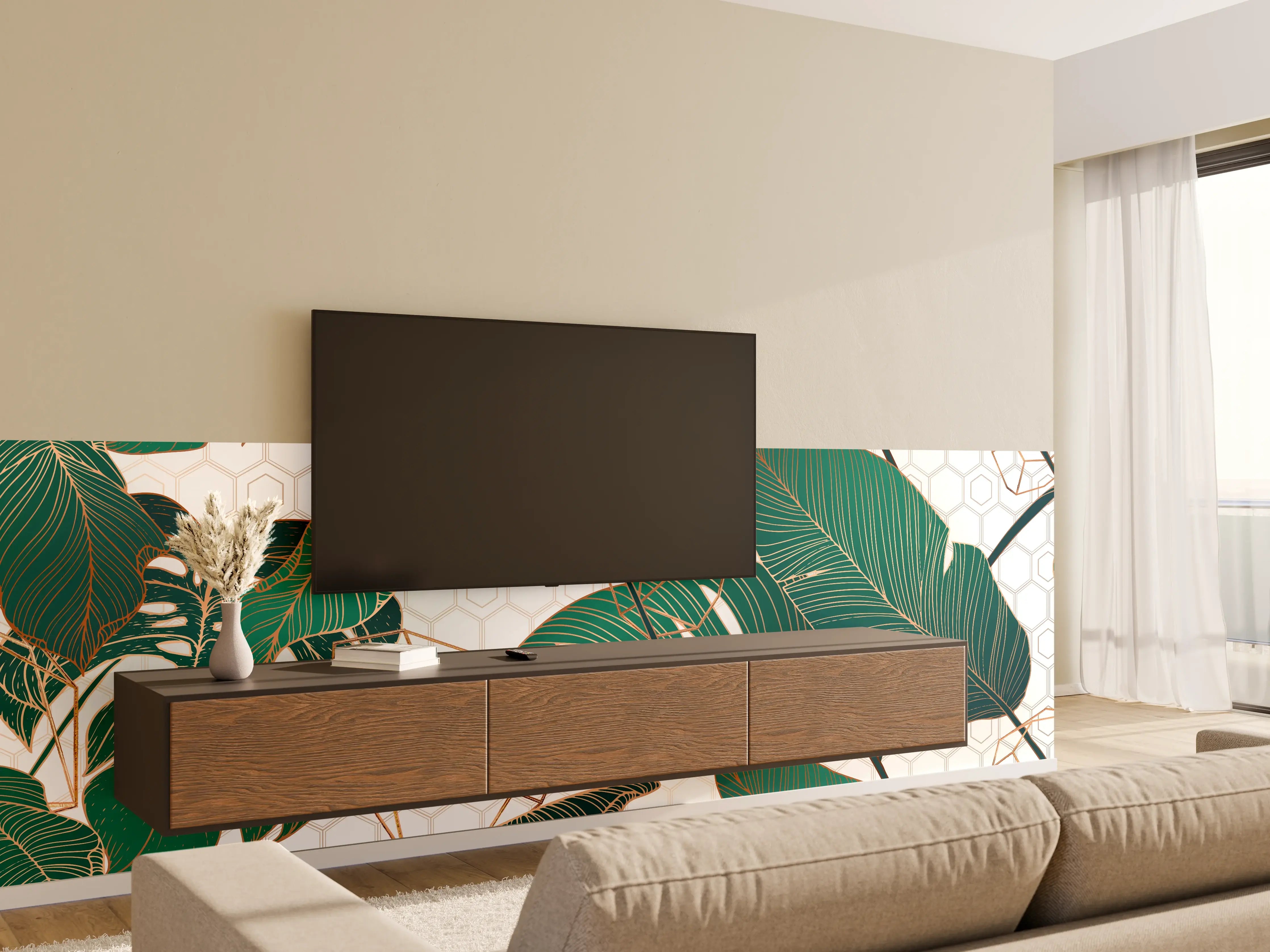 Wandverkleidung Wohnzimmer - Grün-Weißes Blattmuster Design