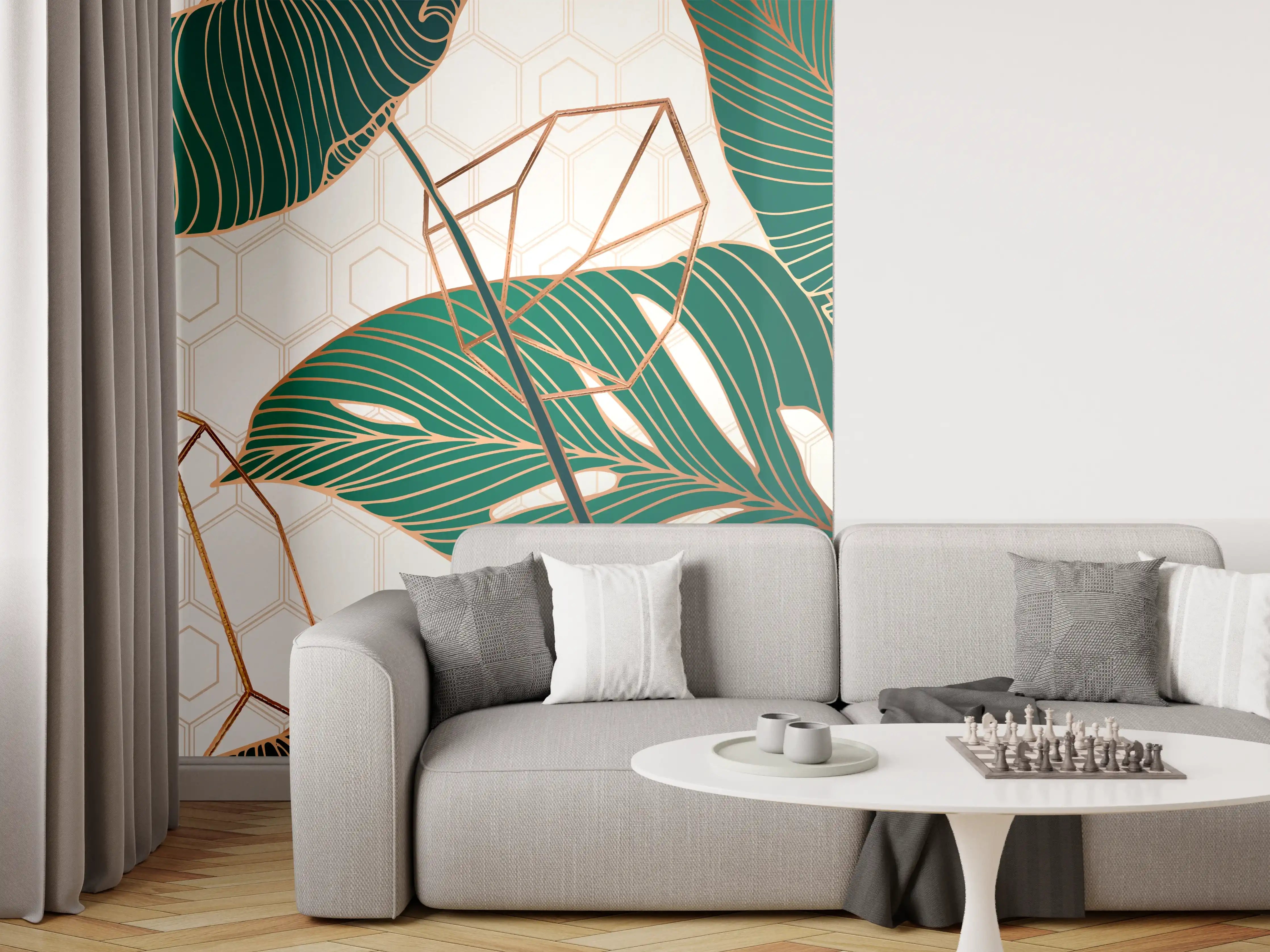 Wandverkleidung Wohnzimmer - Grün-Weißes Blattmuster Design