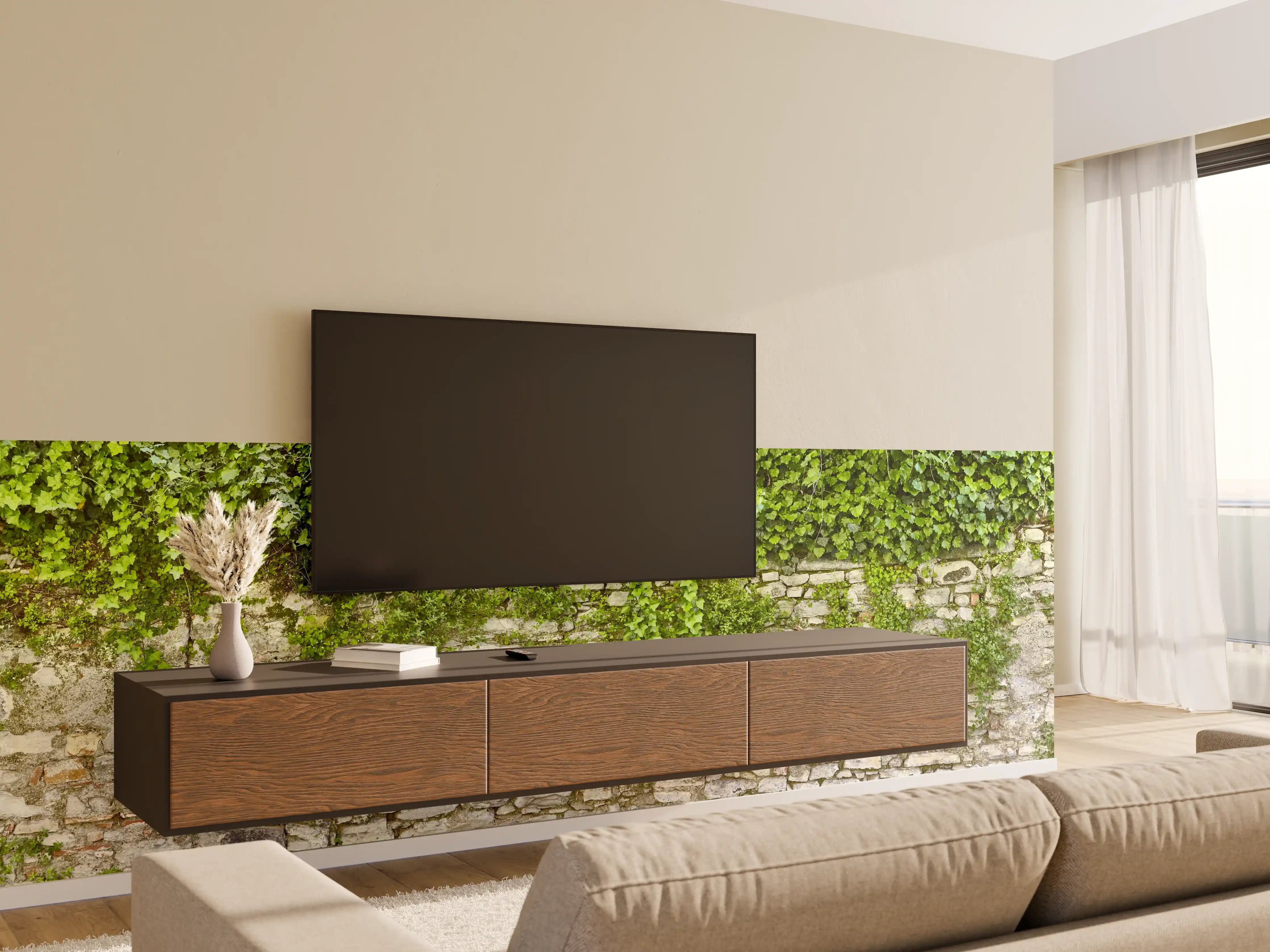Wandverkleidung Wohnzimmer - Grün überwucherte Burgmauer