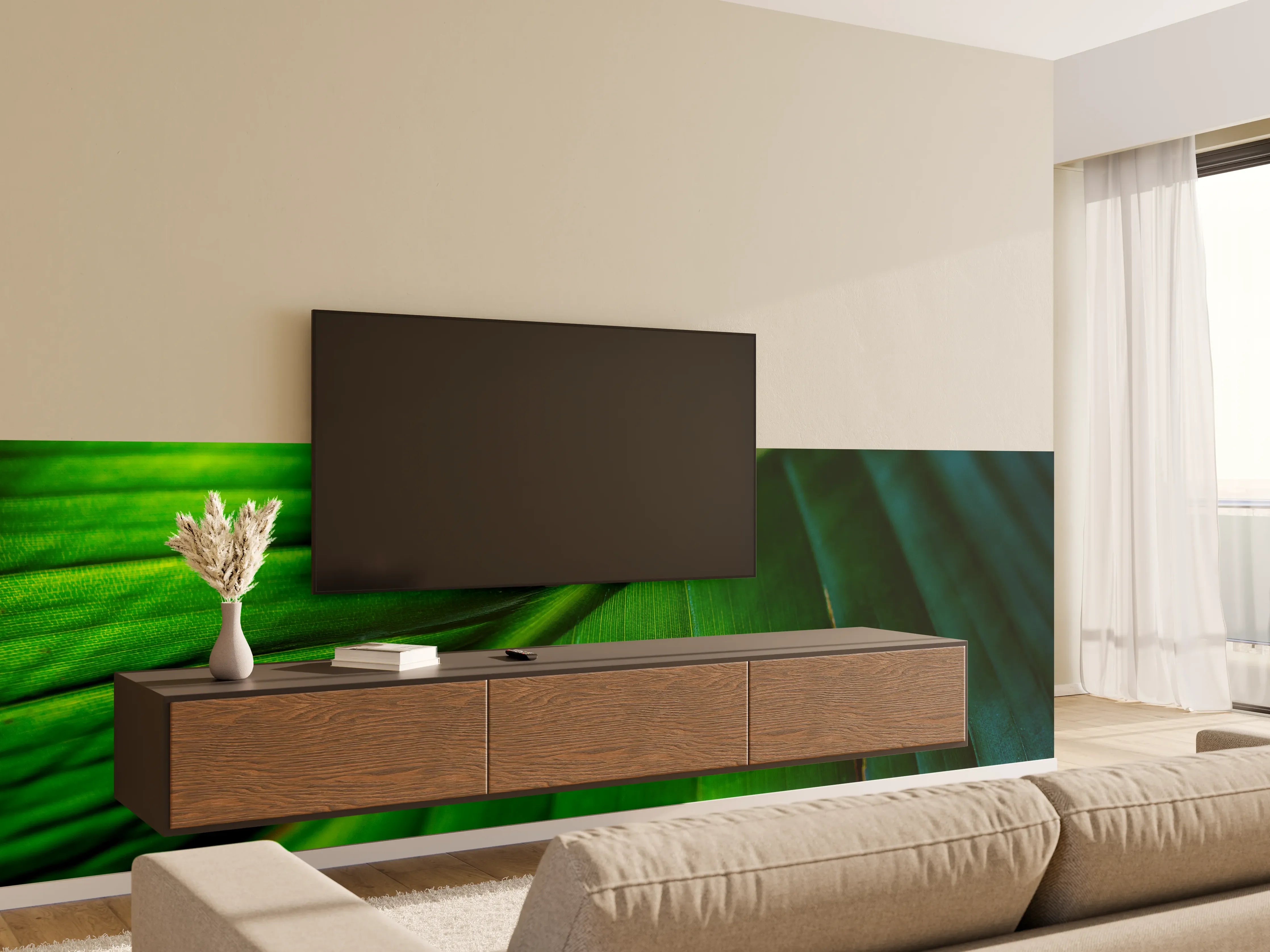Wandverkleidung Wohnzimmer - Grüne Baumblätter im Sonnenlicht