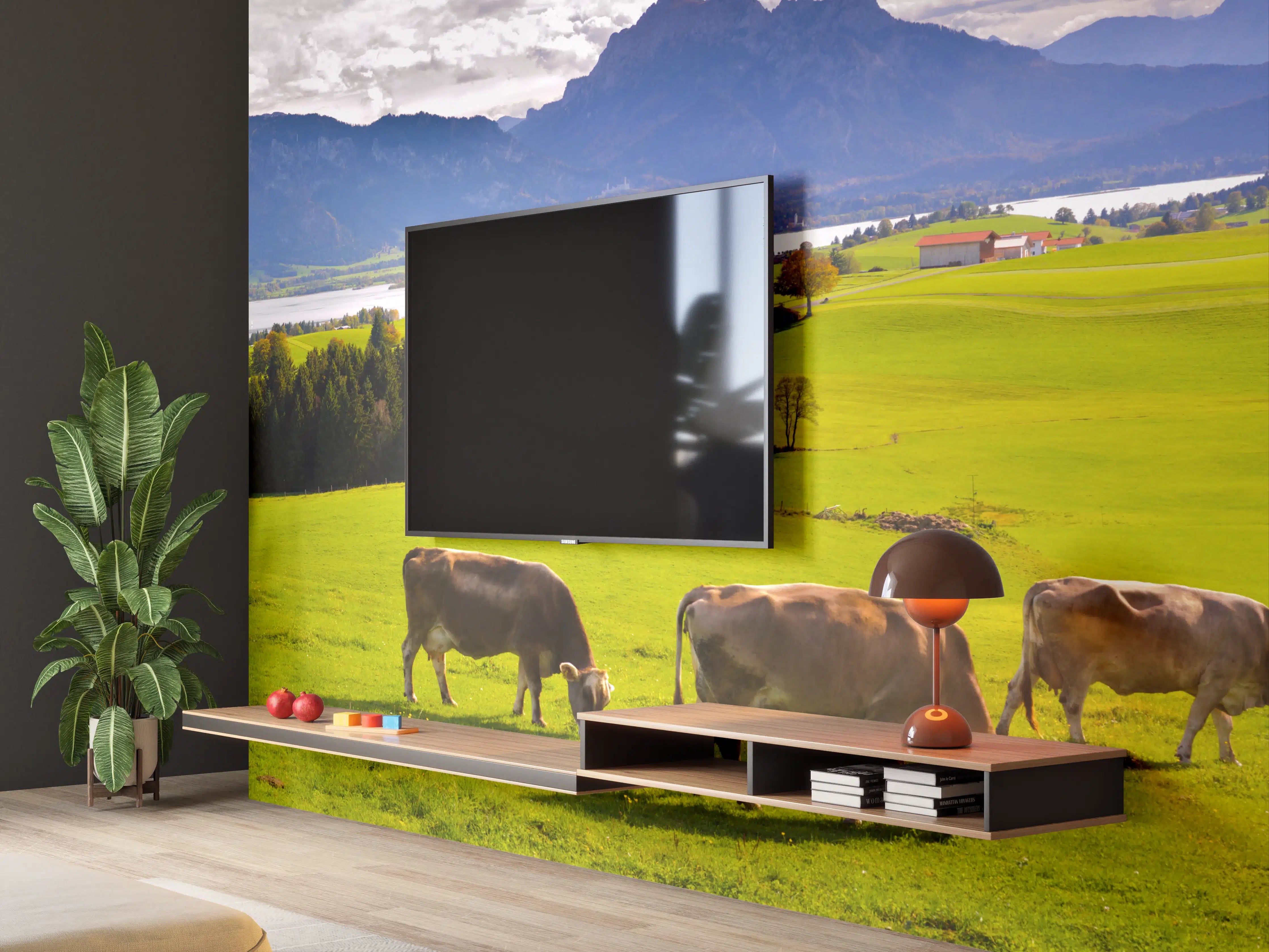 Wandverkleidung Wohnzimmer - Grüne Bergwiese mit Kühen