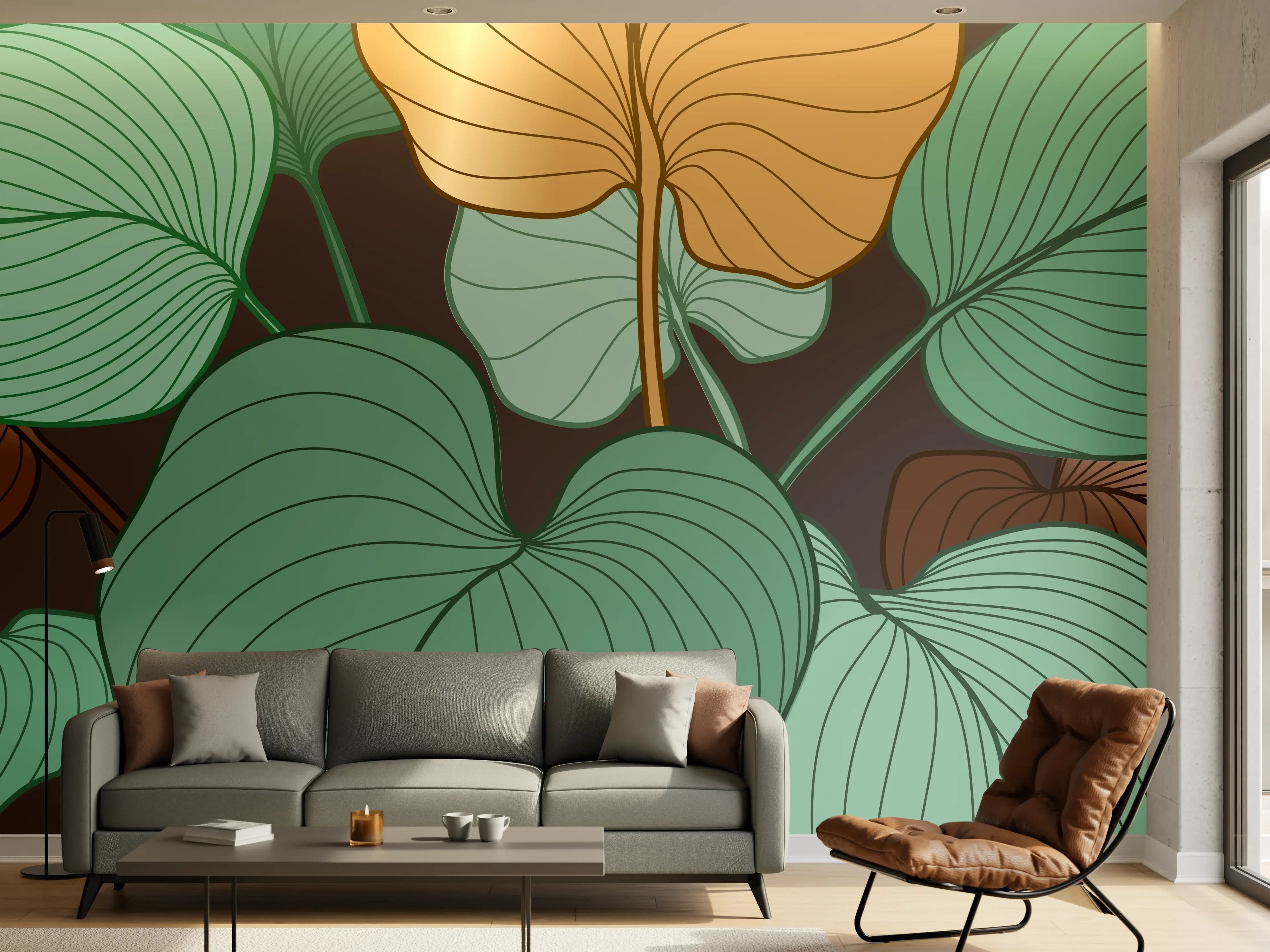 Wandverkleidung Wohnzimmer - Grüne Blätter Illustration