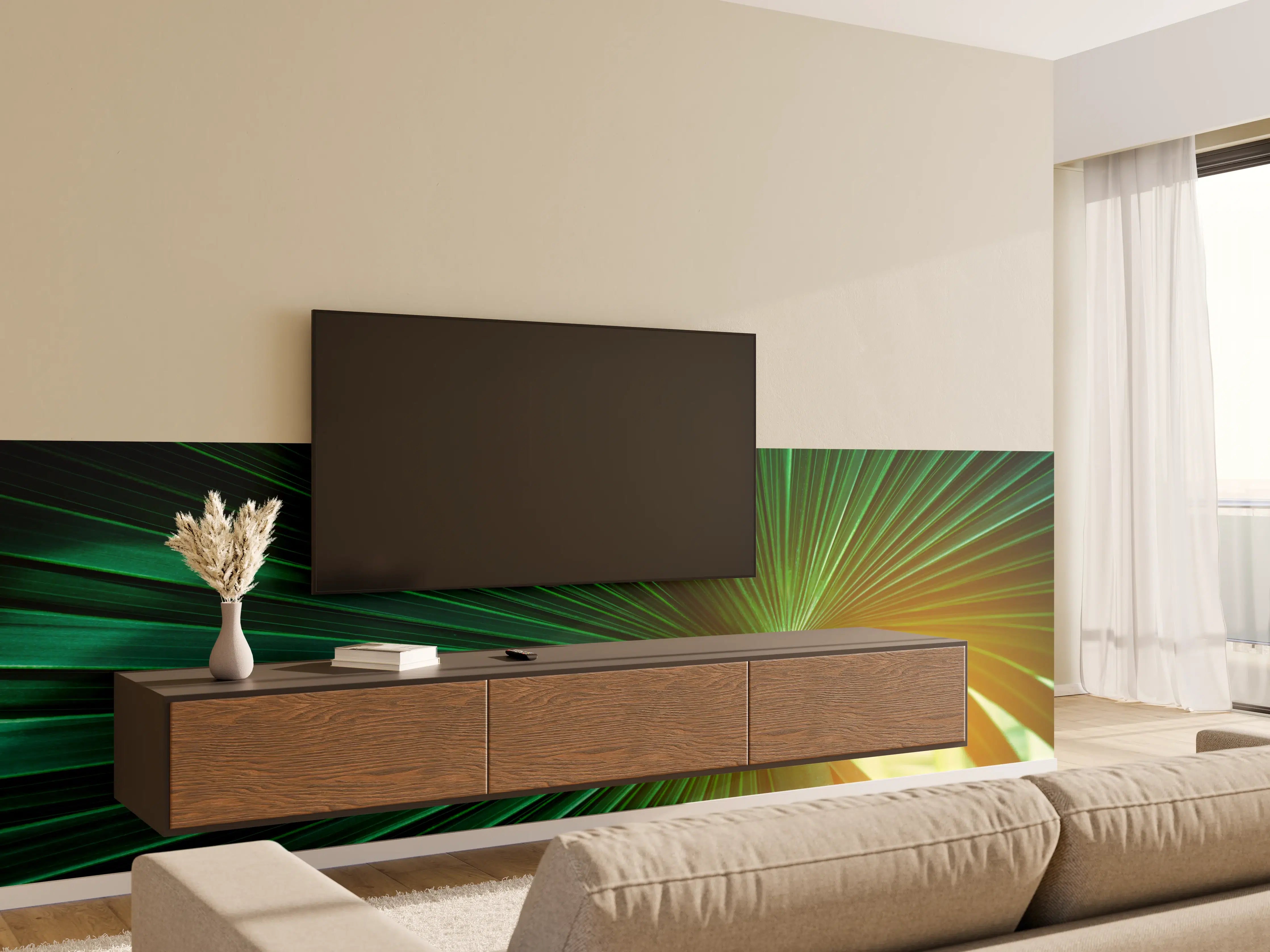 Wandverkleidung Wohnzimmer - Grüne Blätter und Sonnenlicht