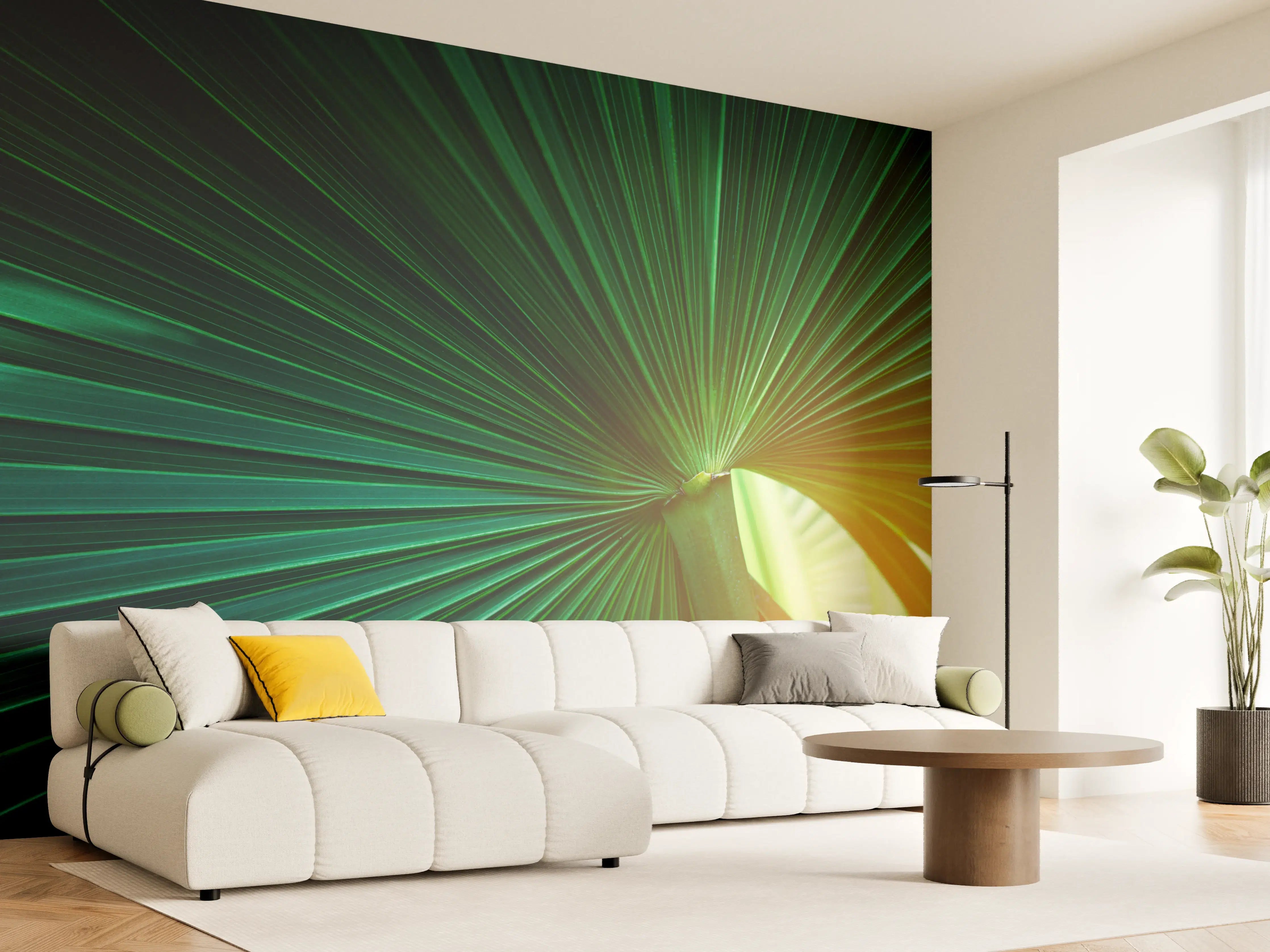 Wandverkleidung Wohnzimmer - Grüne Blätter und Sonnenlicht