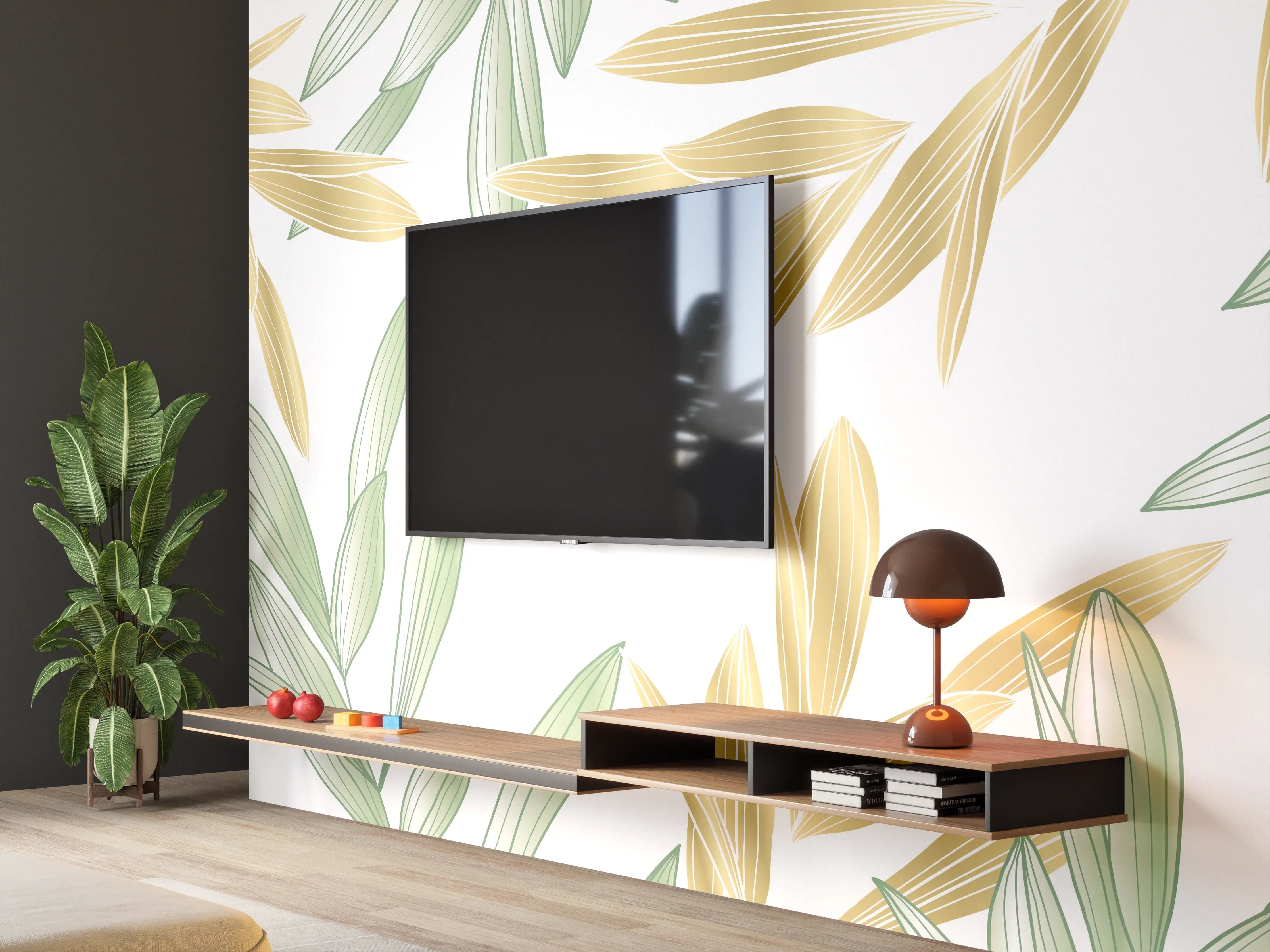 Wandverkleidung Wohnzimmer - Grüne Olivenzweige Muster