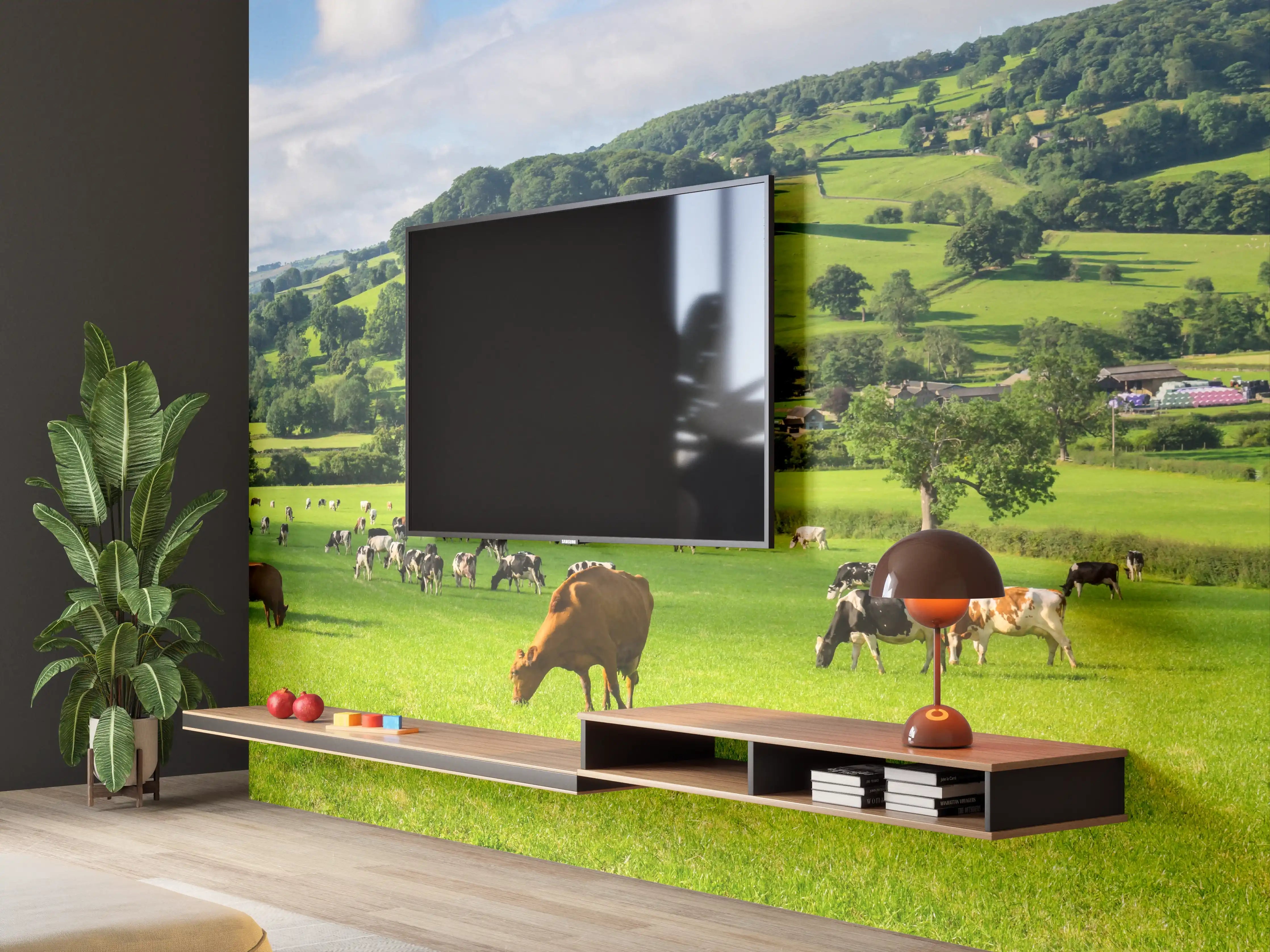 Wandverkleidung Wohnzimmer - Grüne Weide mit Kühen