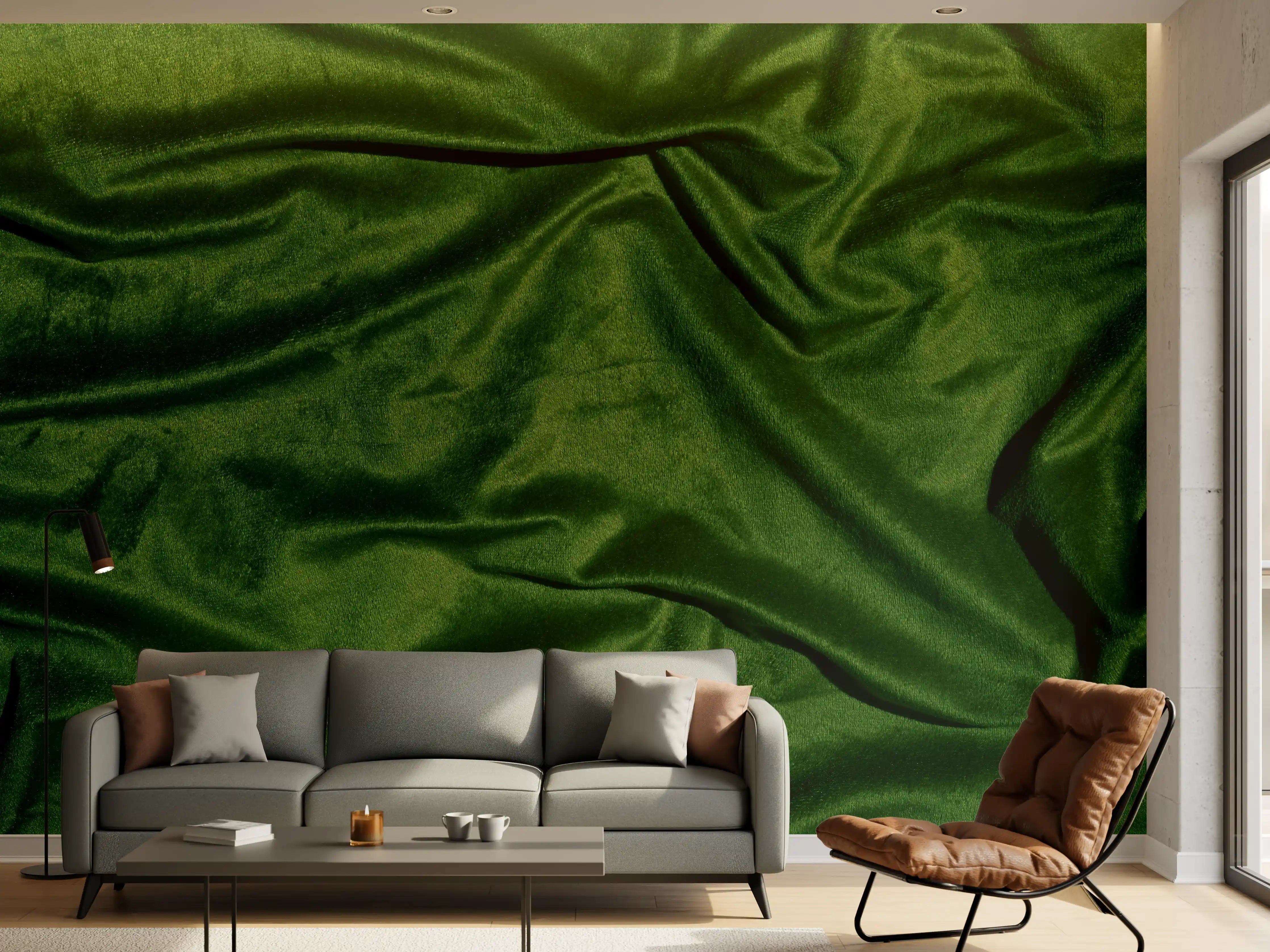 Wandverkleidung Wohnzimmer - Grüner Seidenstoff Hintergrund