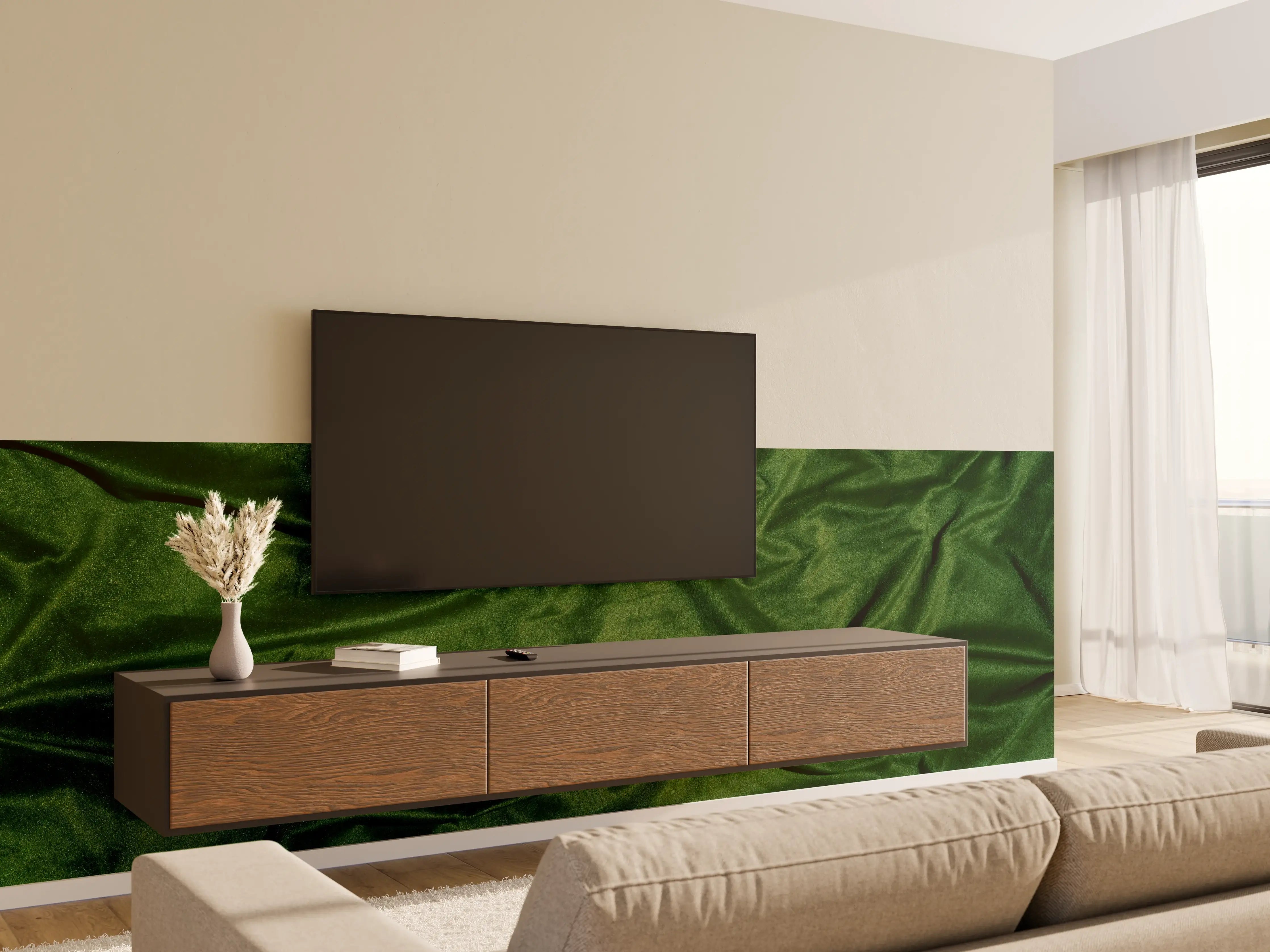 Wandverkleidung Wohnzimmer - Grüner Seidenstoff Hintergrund