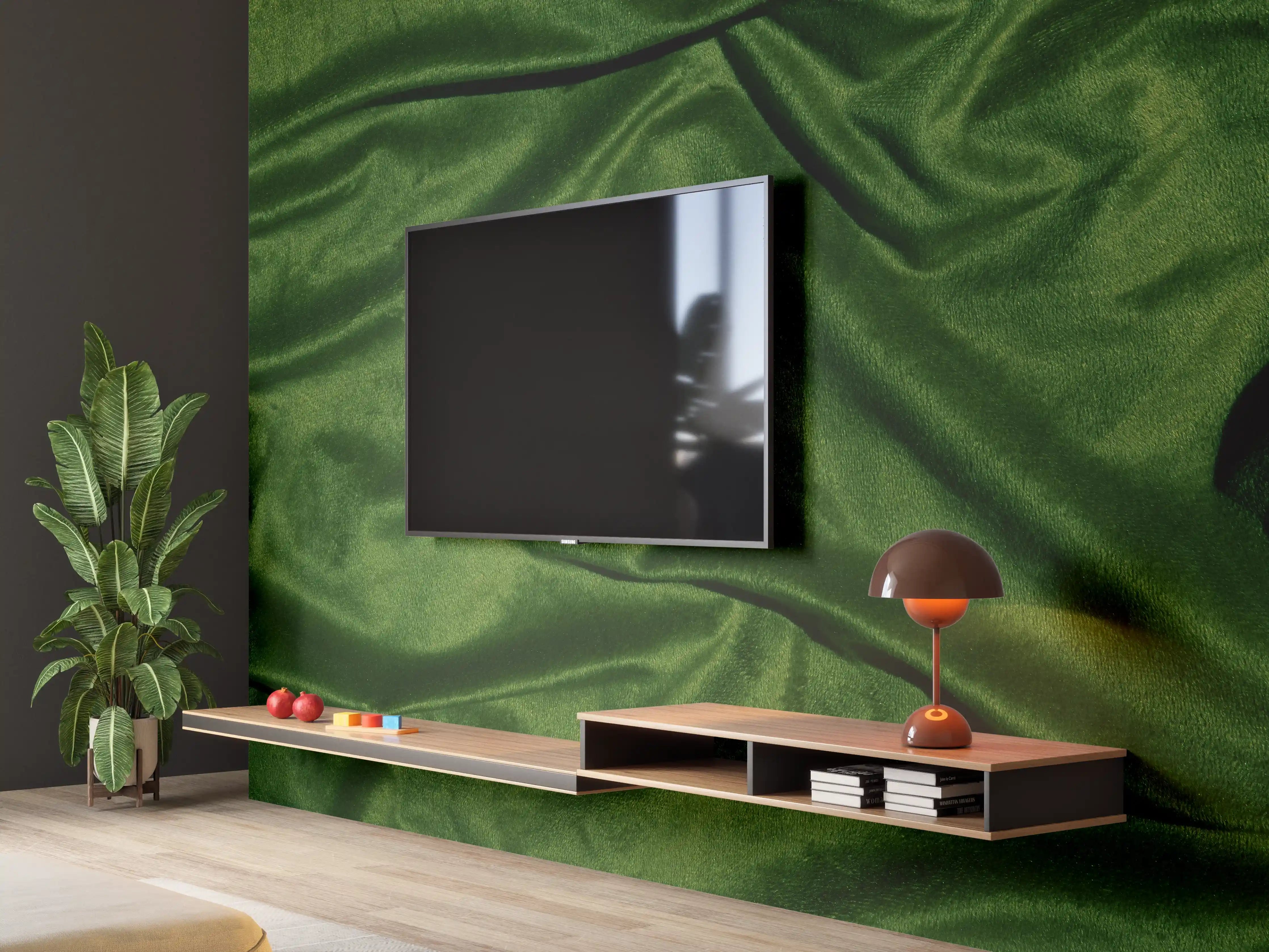 Wandverkleidung Wohnzimmer - Grüner Seidenstoff Hintergrund