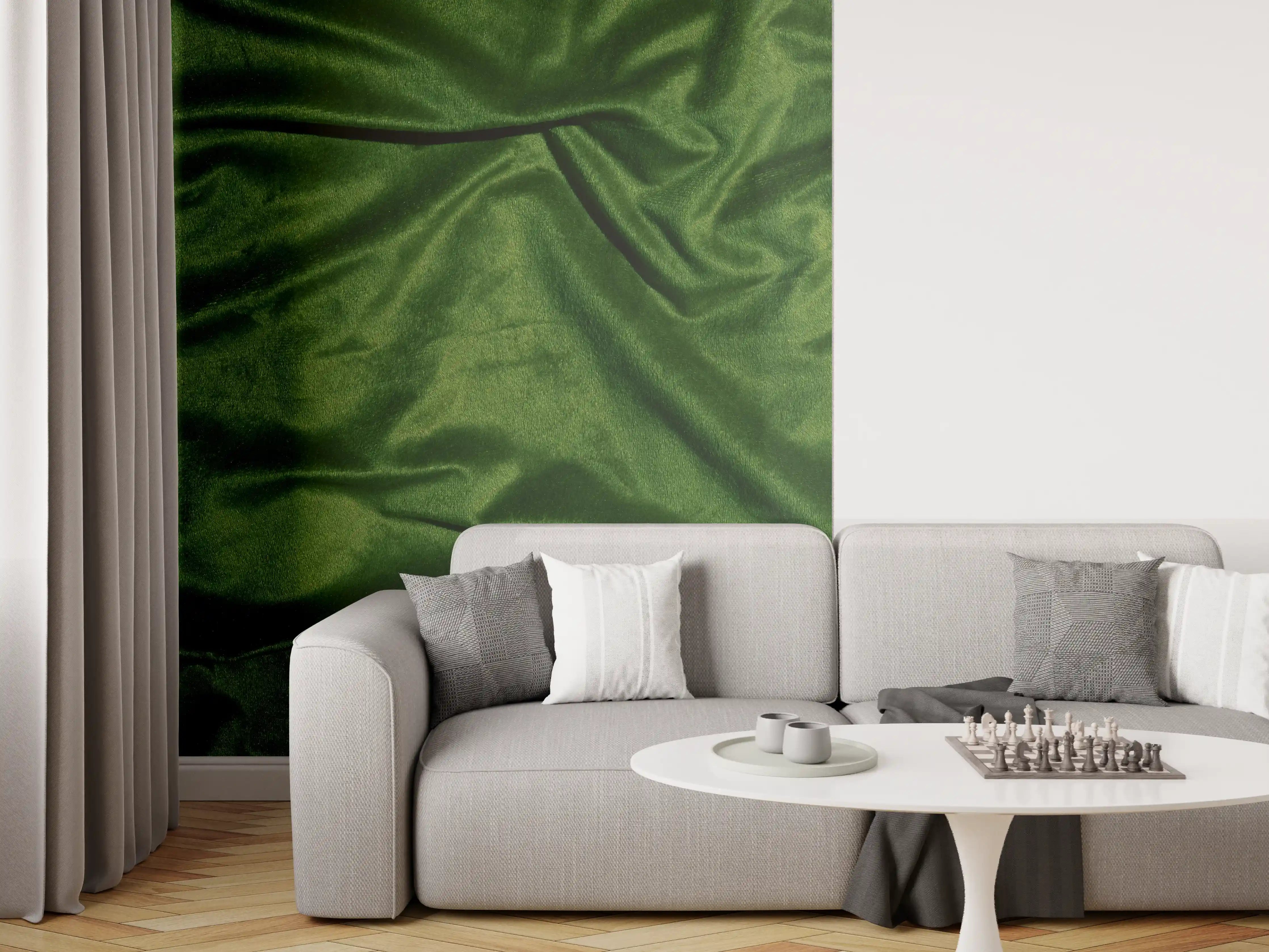 Wandverkleidung Wohnzimmer - Grüner Seidenstoff Hintergrund