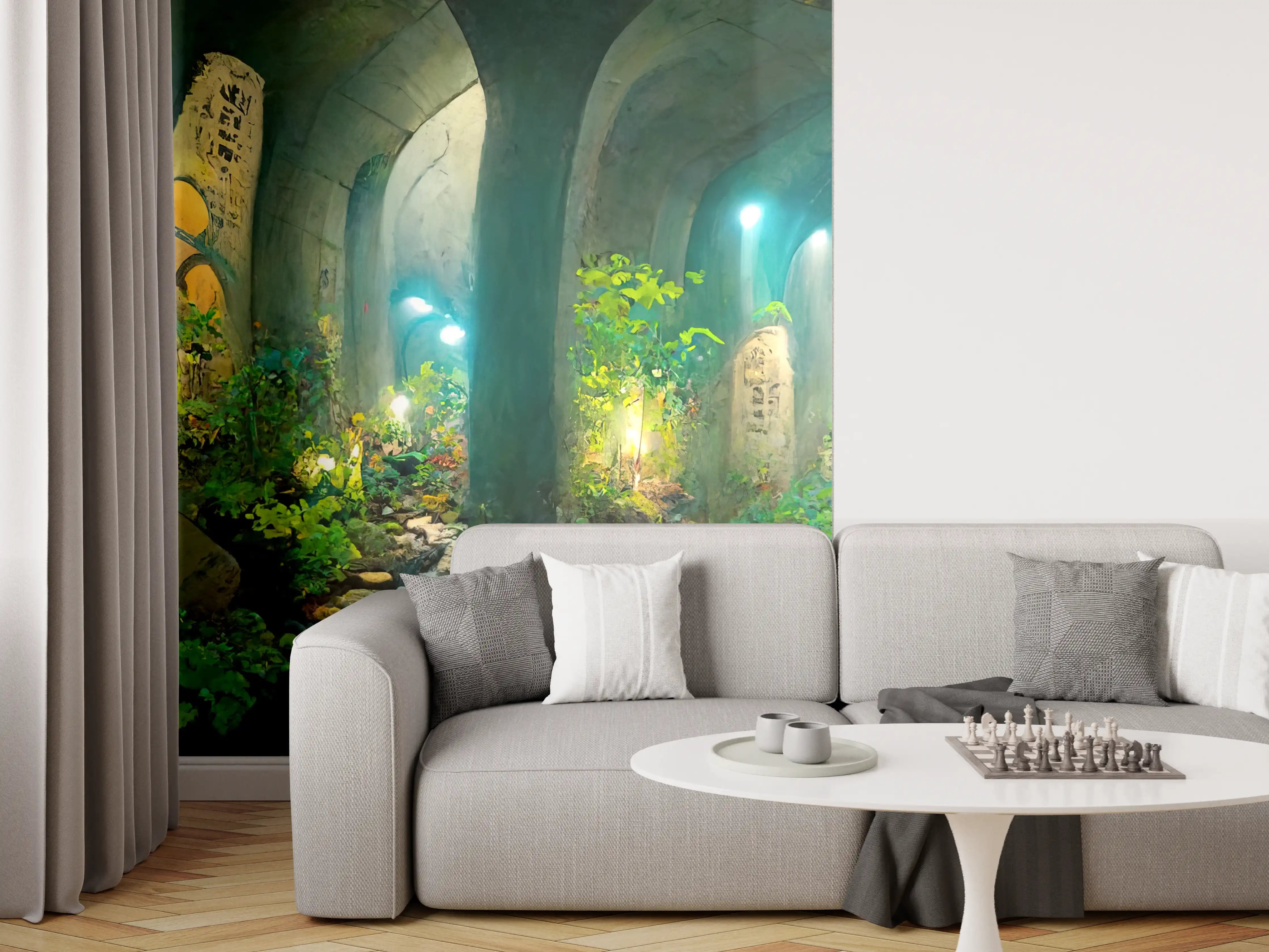 Wandverkleidung Wohnzimmer - Grüner Wald im Tunnel
