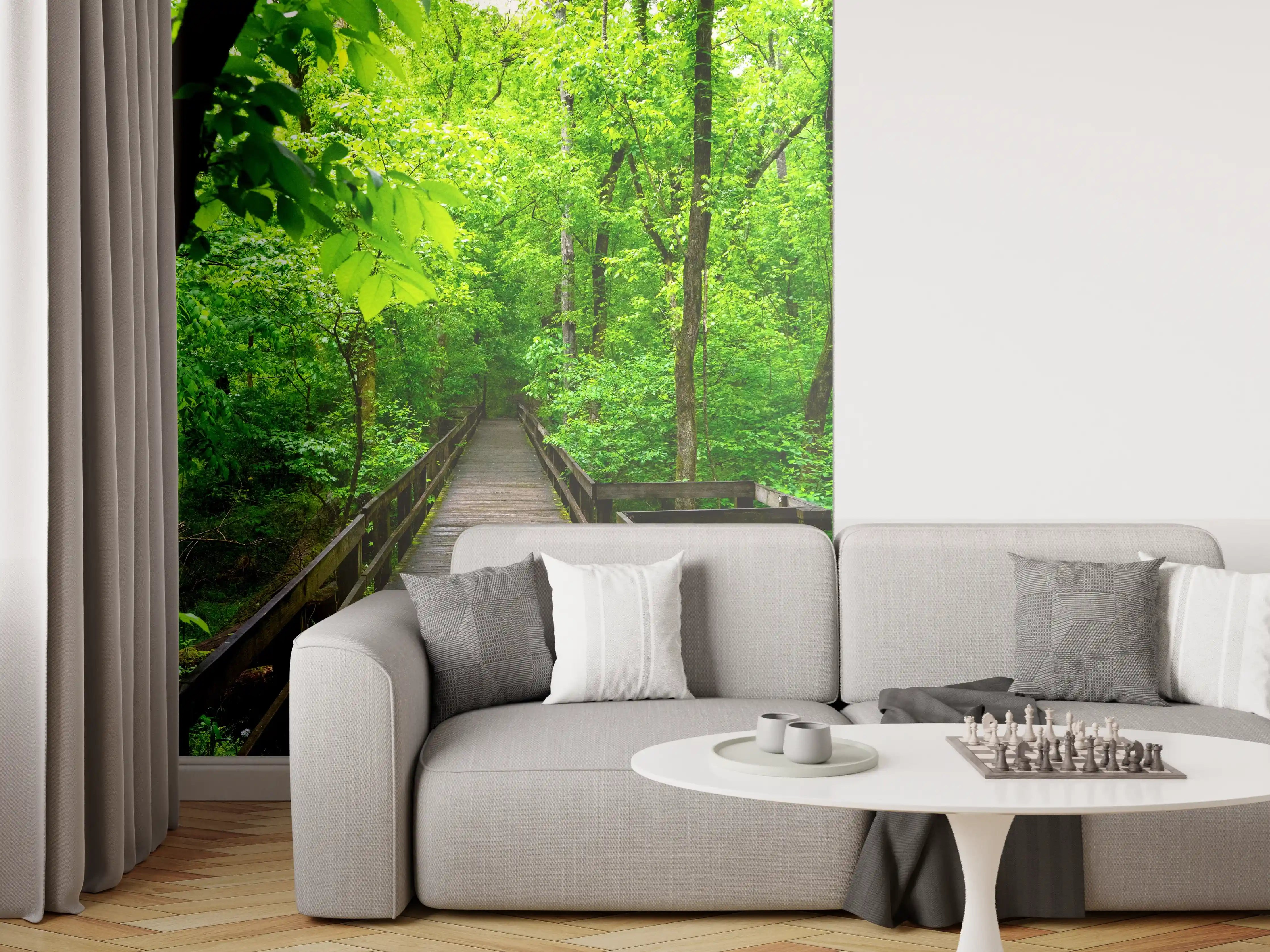 Wandverkleidung Wohnzimmer - Grüner Waldweg im Frühling