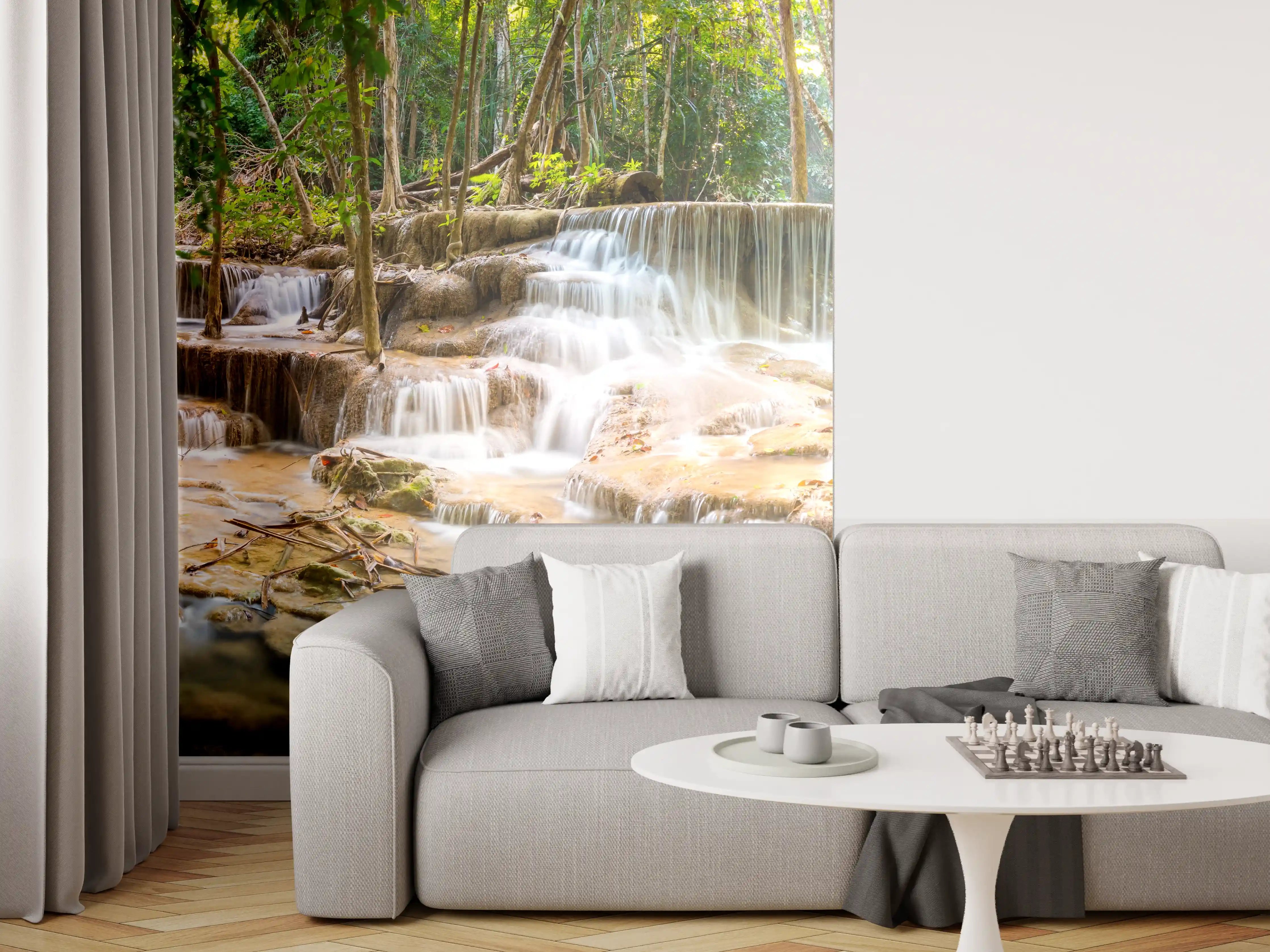 Wandverkleidung Wohnzimmer - Grüner Wasserfall im Wald