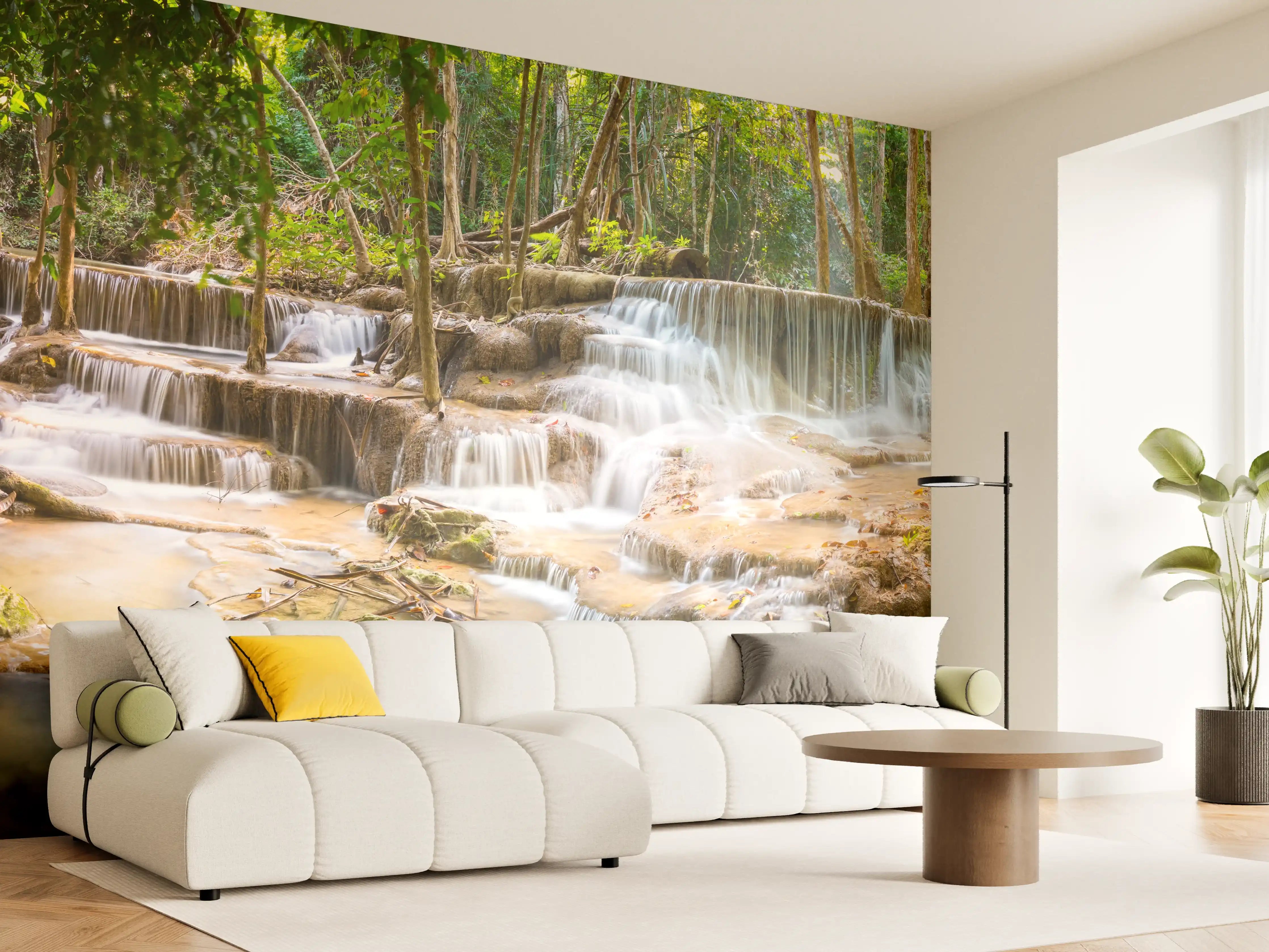 Wandverkleidung Wohnzimmer - Grüner Wasserfall im Wald