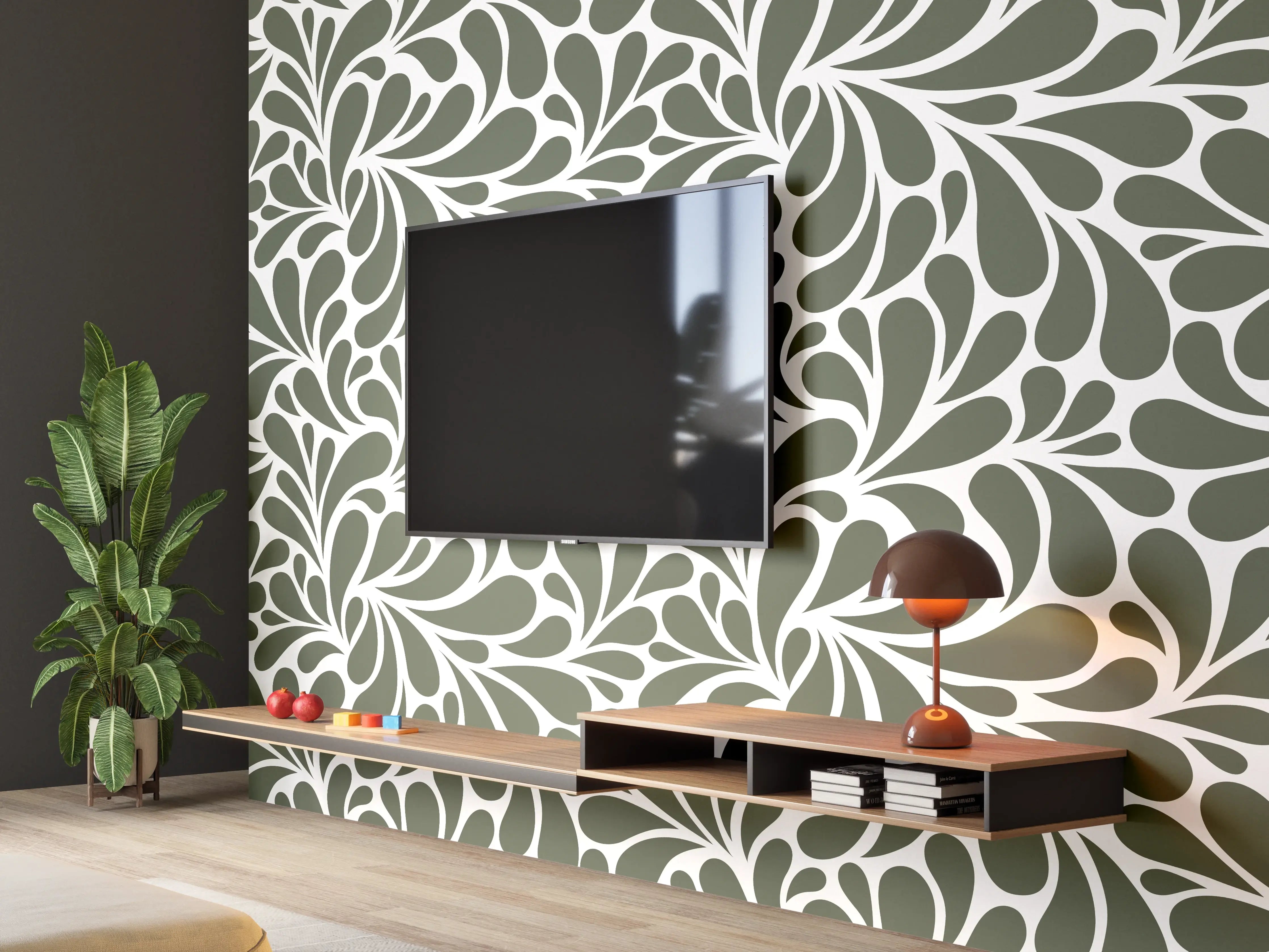 Wandverkleidung Wohnzimmer - Grünes Blättermuster mit eleganten Verzierungen
