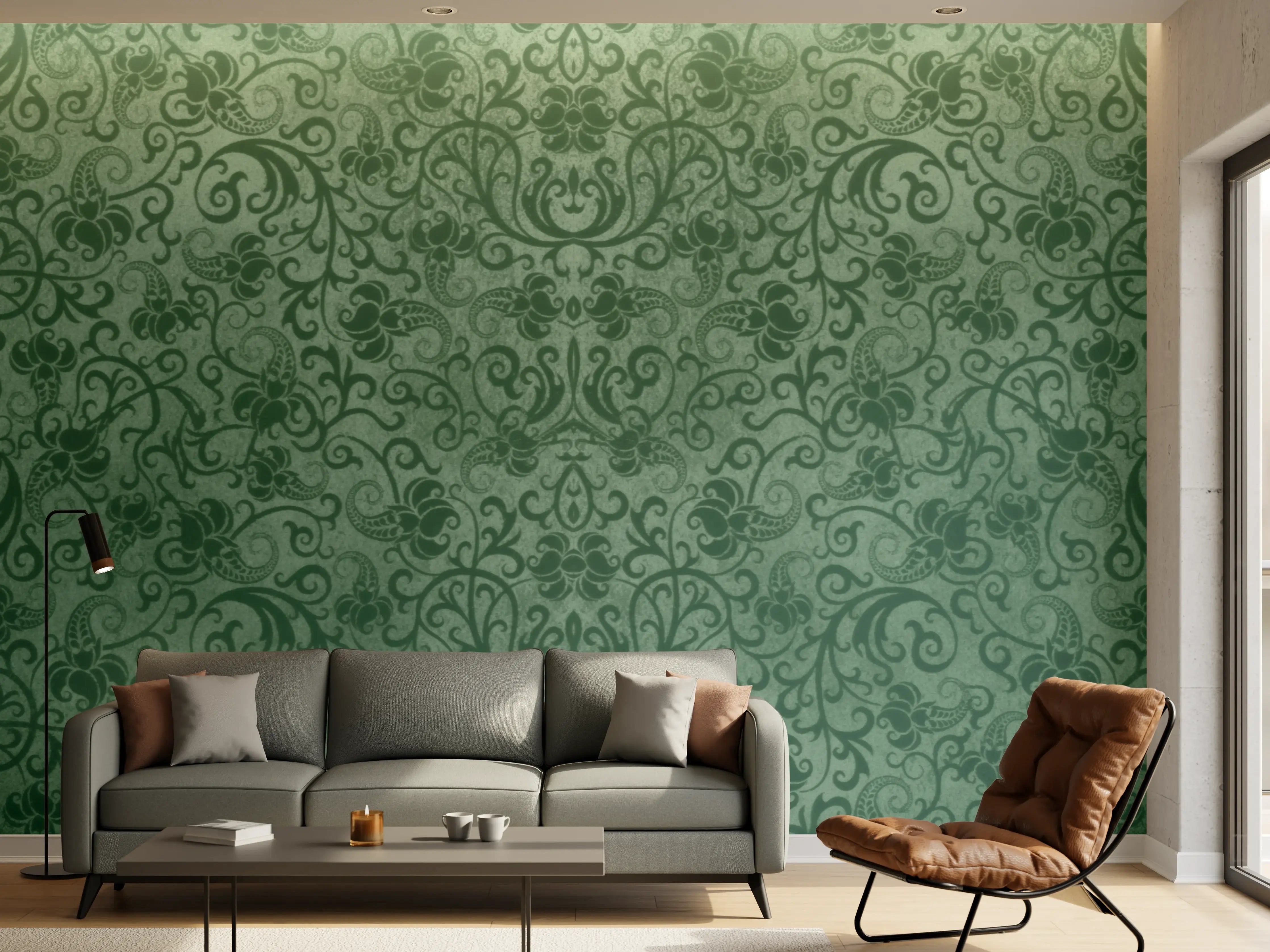 Wandverkleidung Wohnzimmer - Grünes Damast Muster