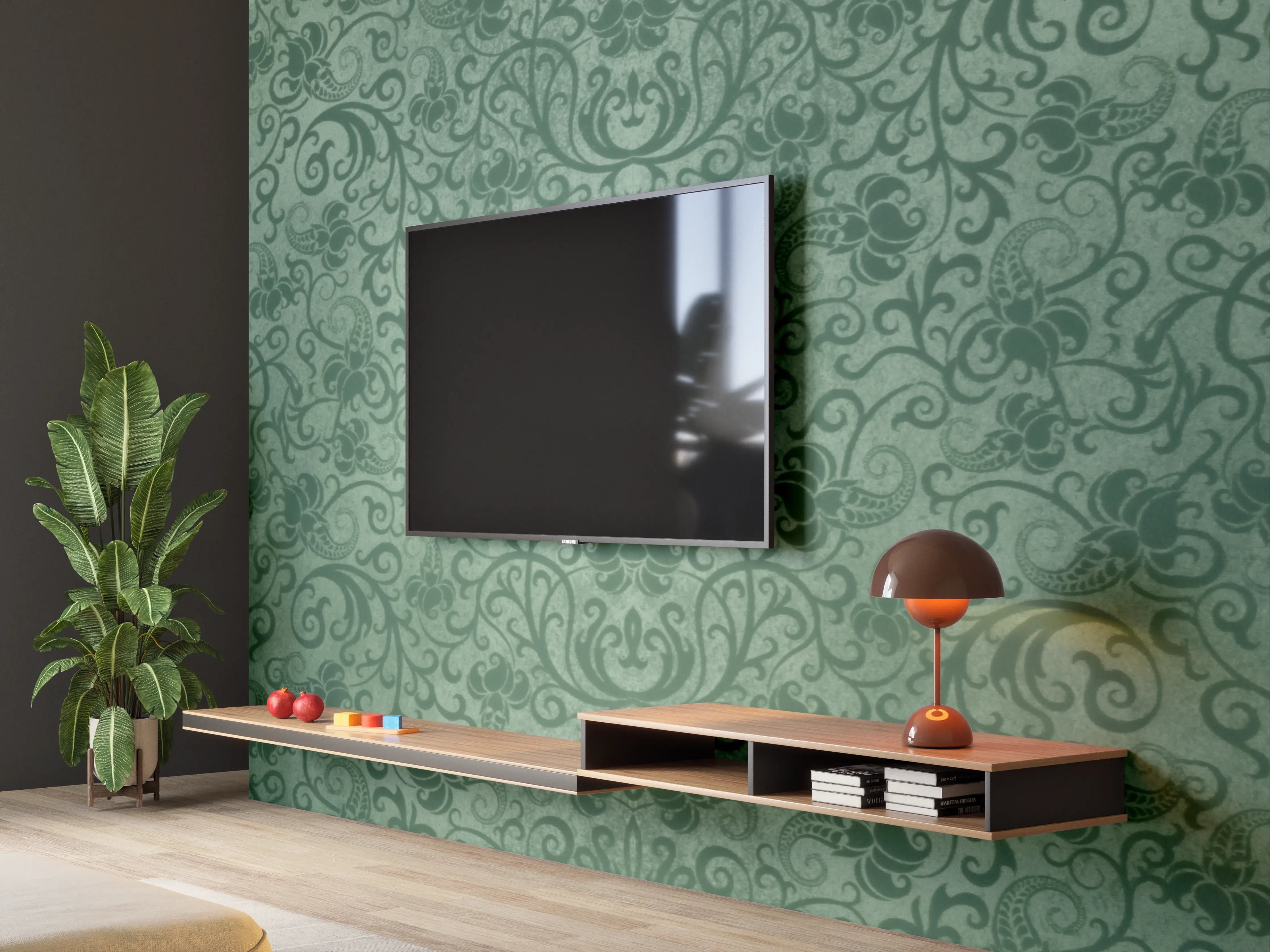 Wandverkleidung Wohnzimmer - Grünes Damast Muster