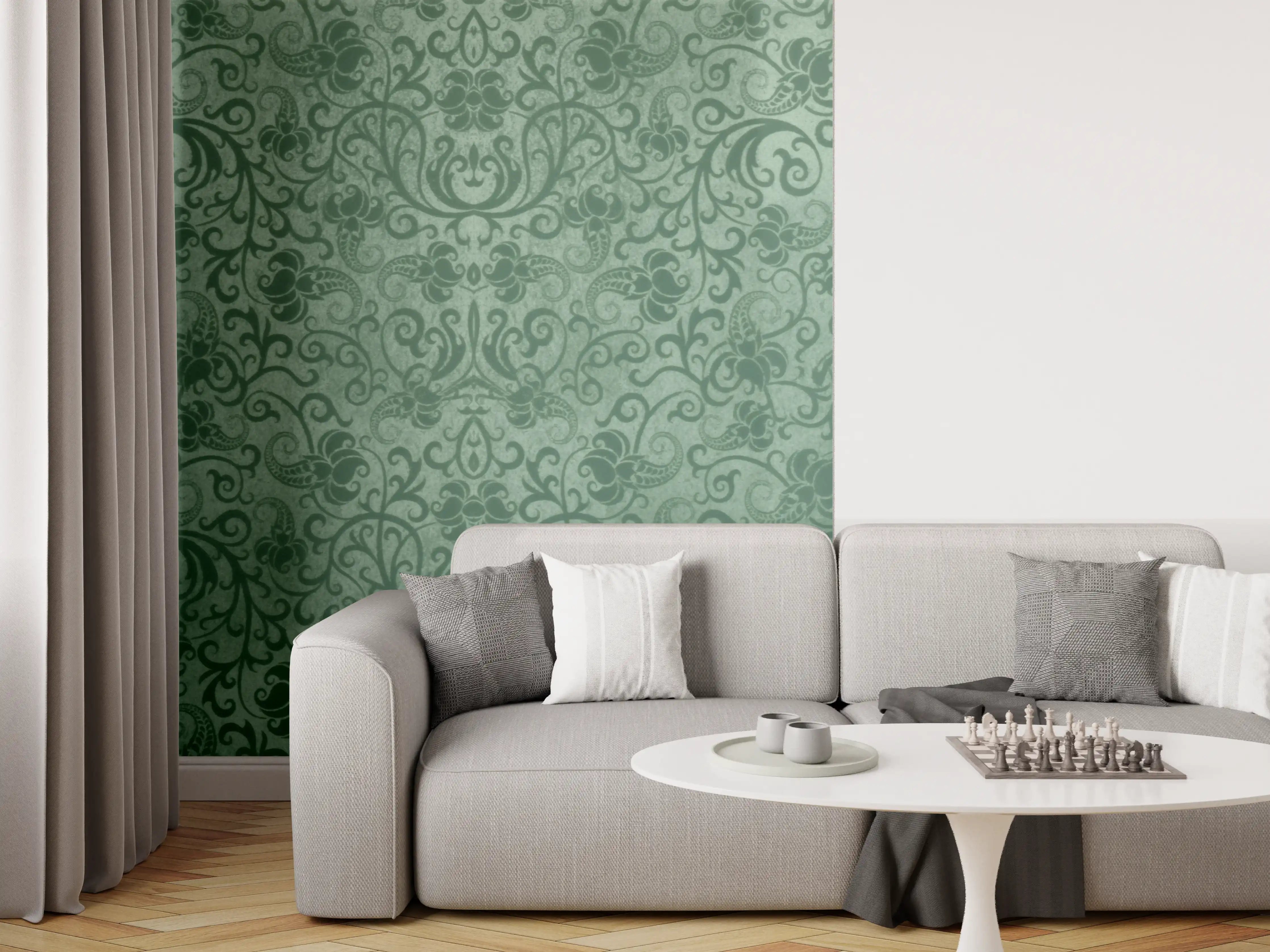 Wandverkleidung Wohnzimmer - Grünes Damast Muster