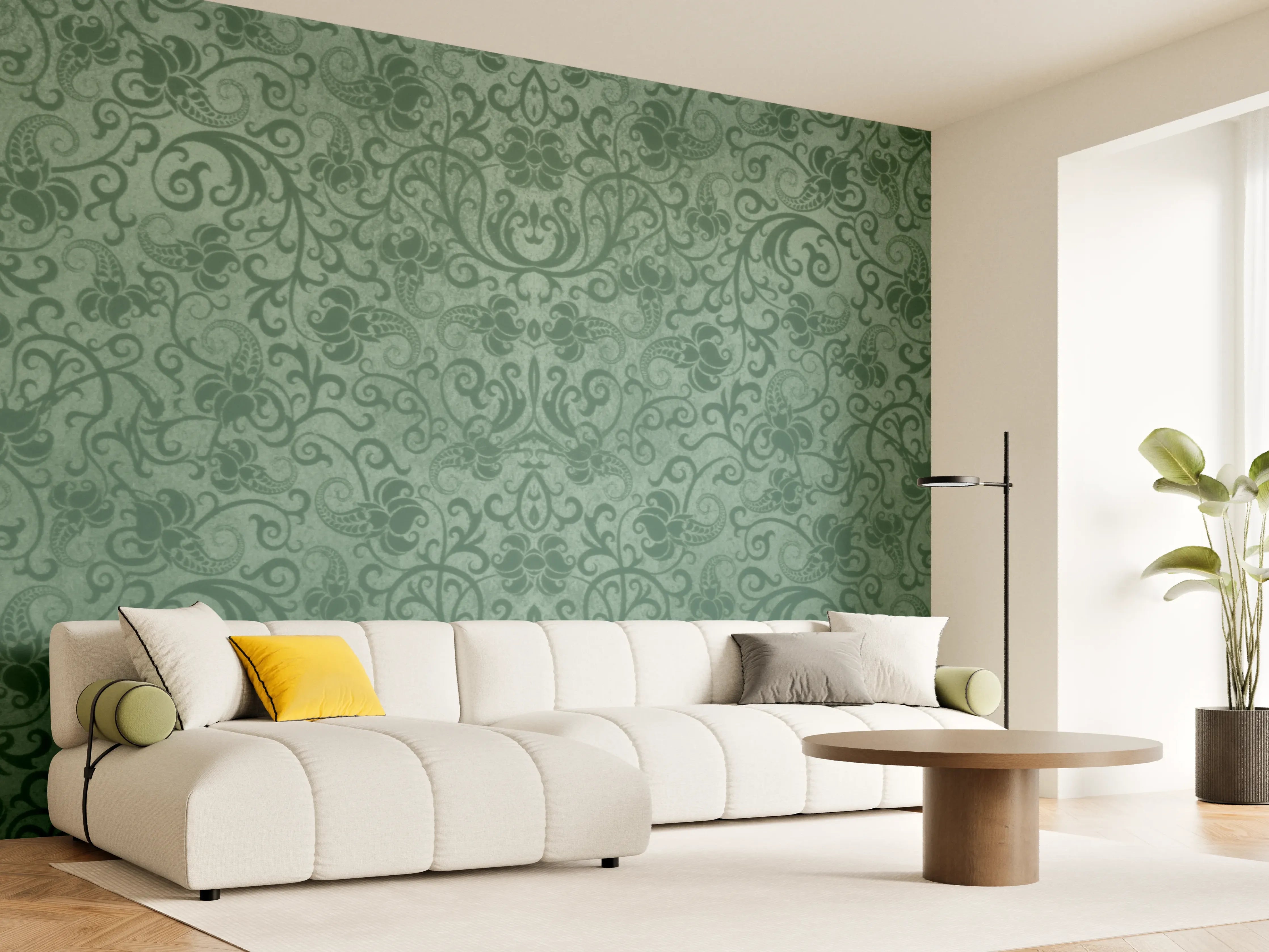 Wandverkleidung Wohnzimmer - Grünes Damast Muster