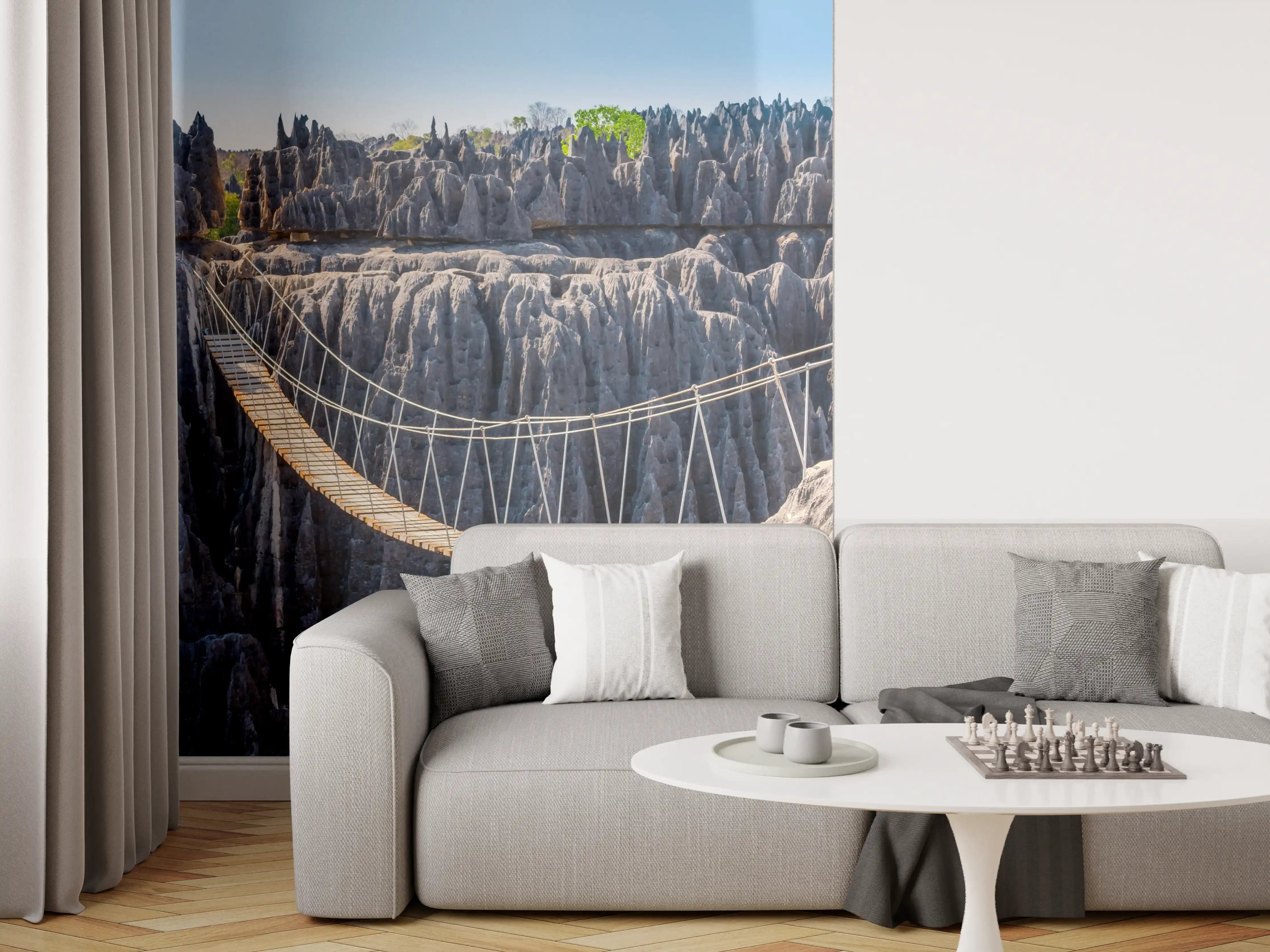 Wandverkleidung Wohnzimmer - Hängebrücke zwischen beeindruckenden Felsformationen