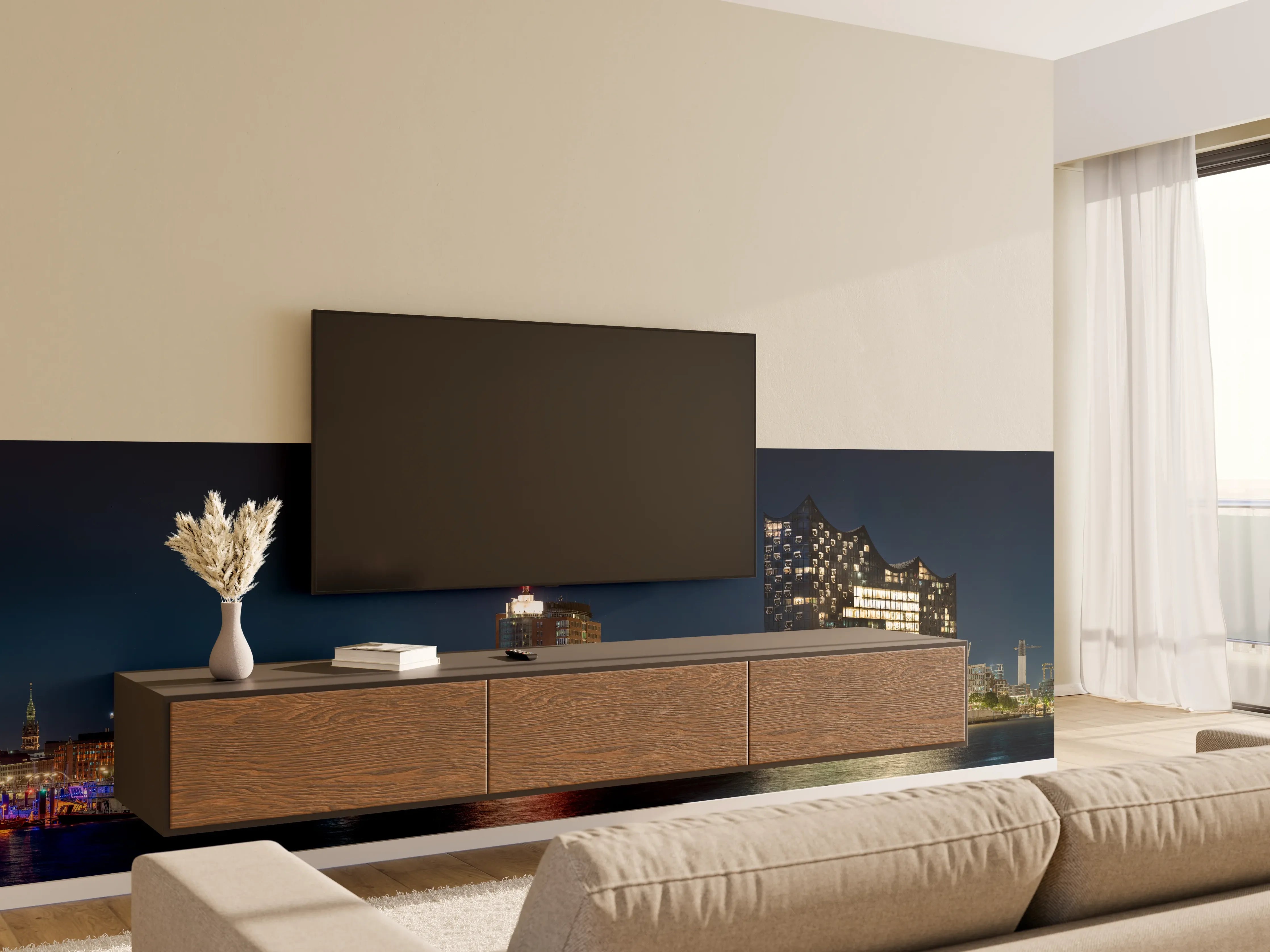 Wandverkleidung Wohnzimmer - Hamburg bei Nacht