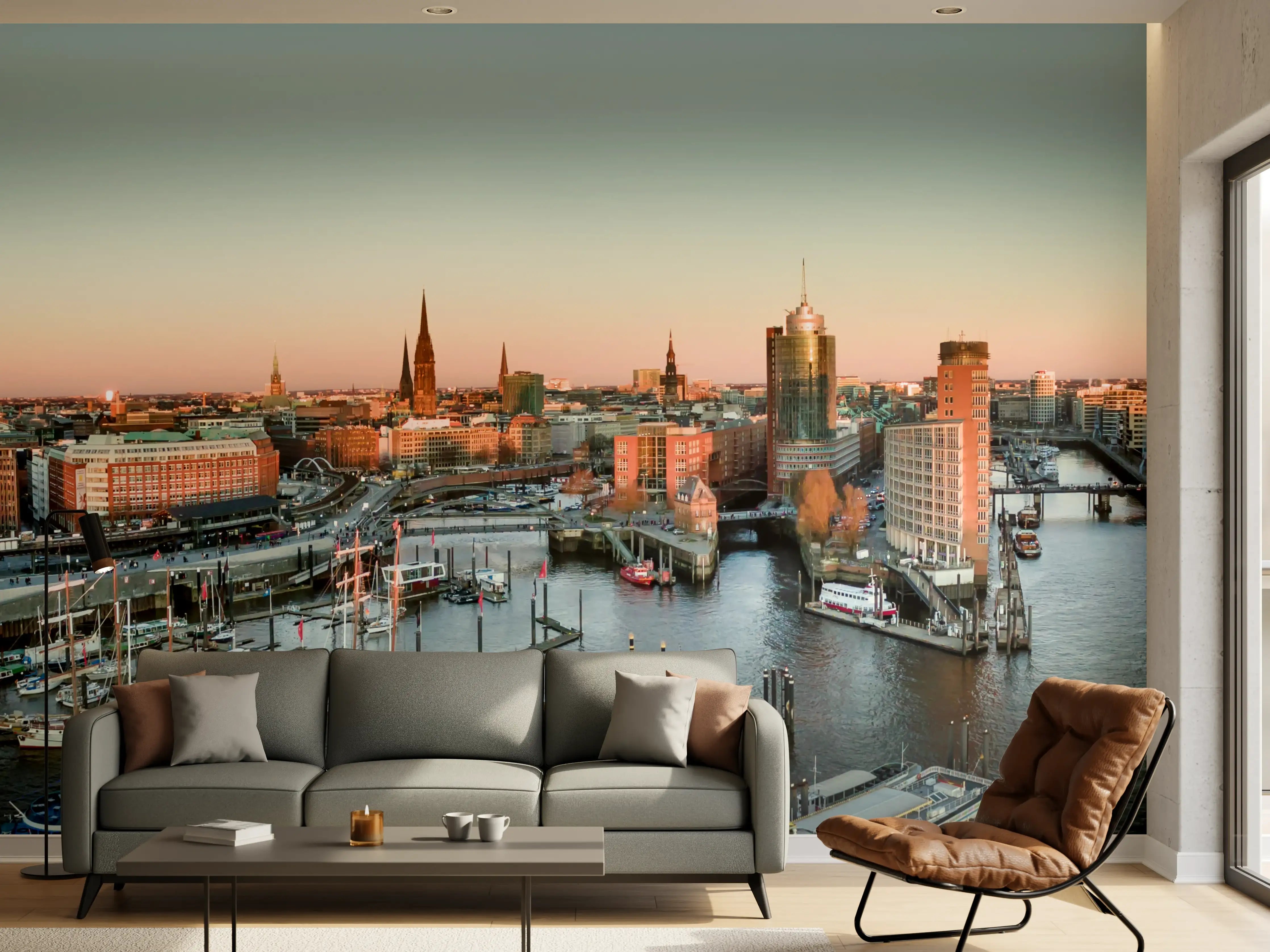 Wandverkleidung Wohnzimmer - Hamburger Hafen mit moderner Skyline bei Sonnenuntergang