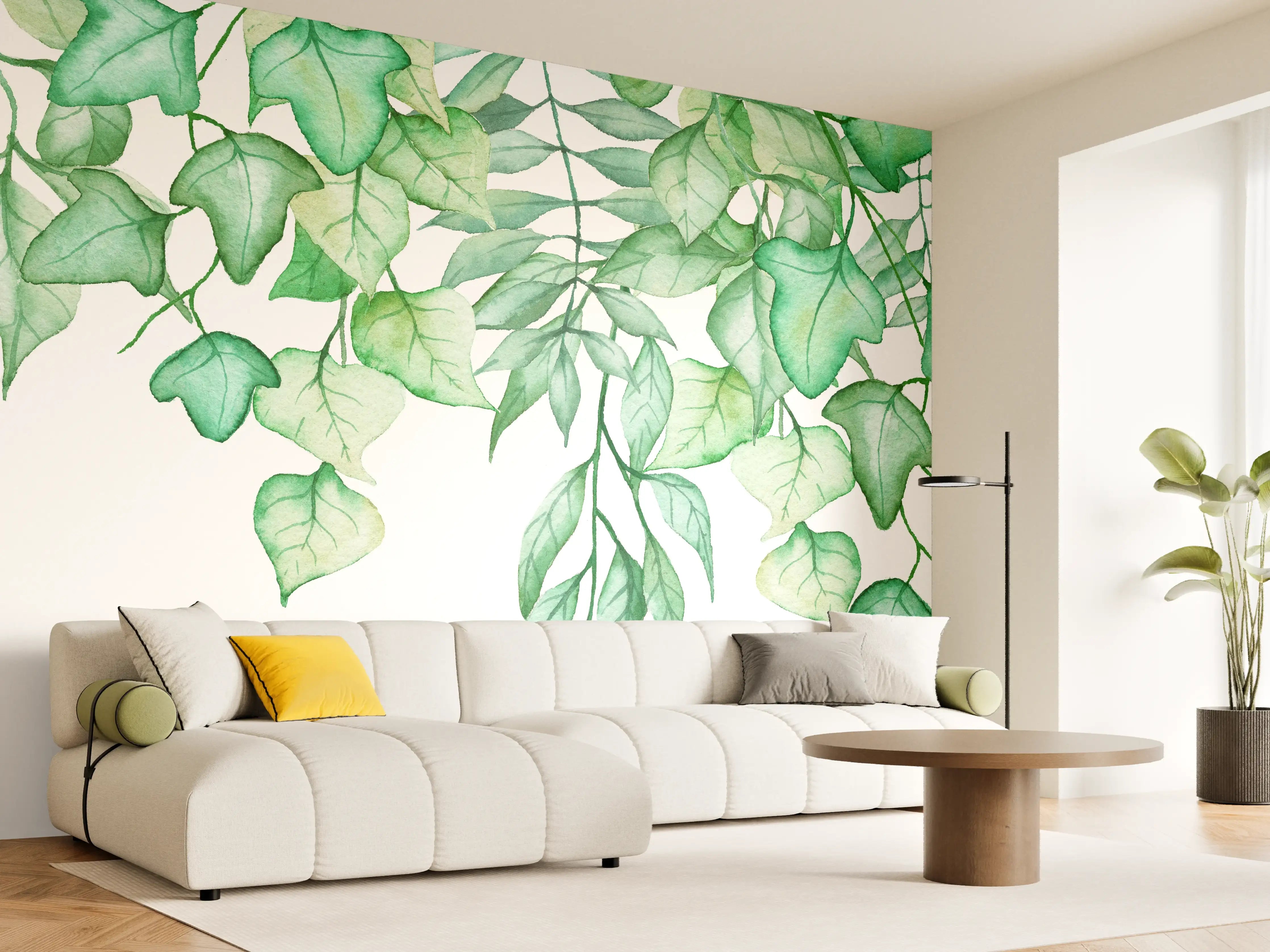 Wandverkleidung Wohnzimmer - Handgezeichneten Aquarellblättern und Efeu