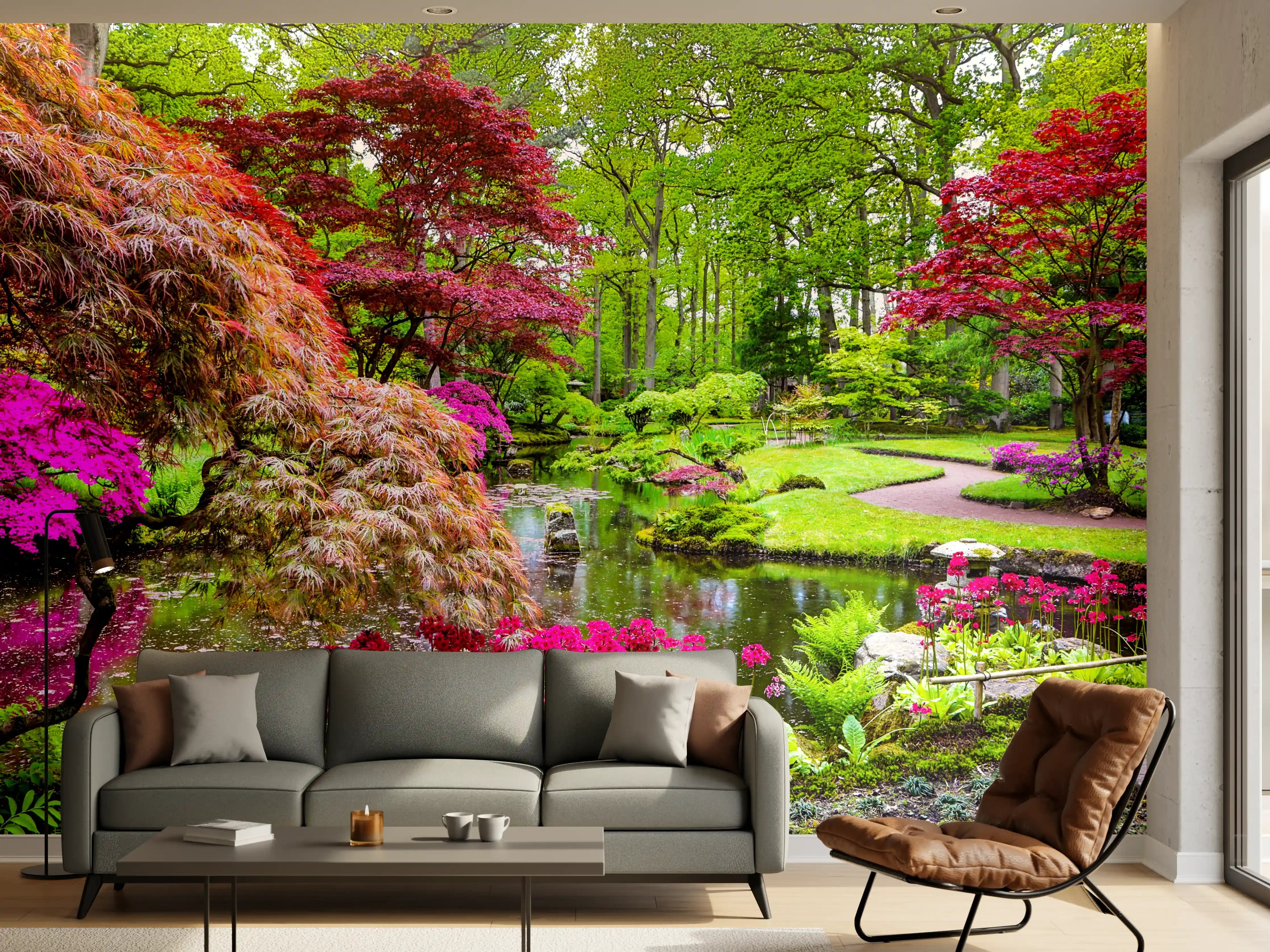 Wandverkleidung Wohnzimmer - Harmonischer Garten im Frühling voller Farben