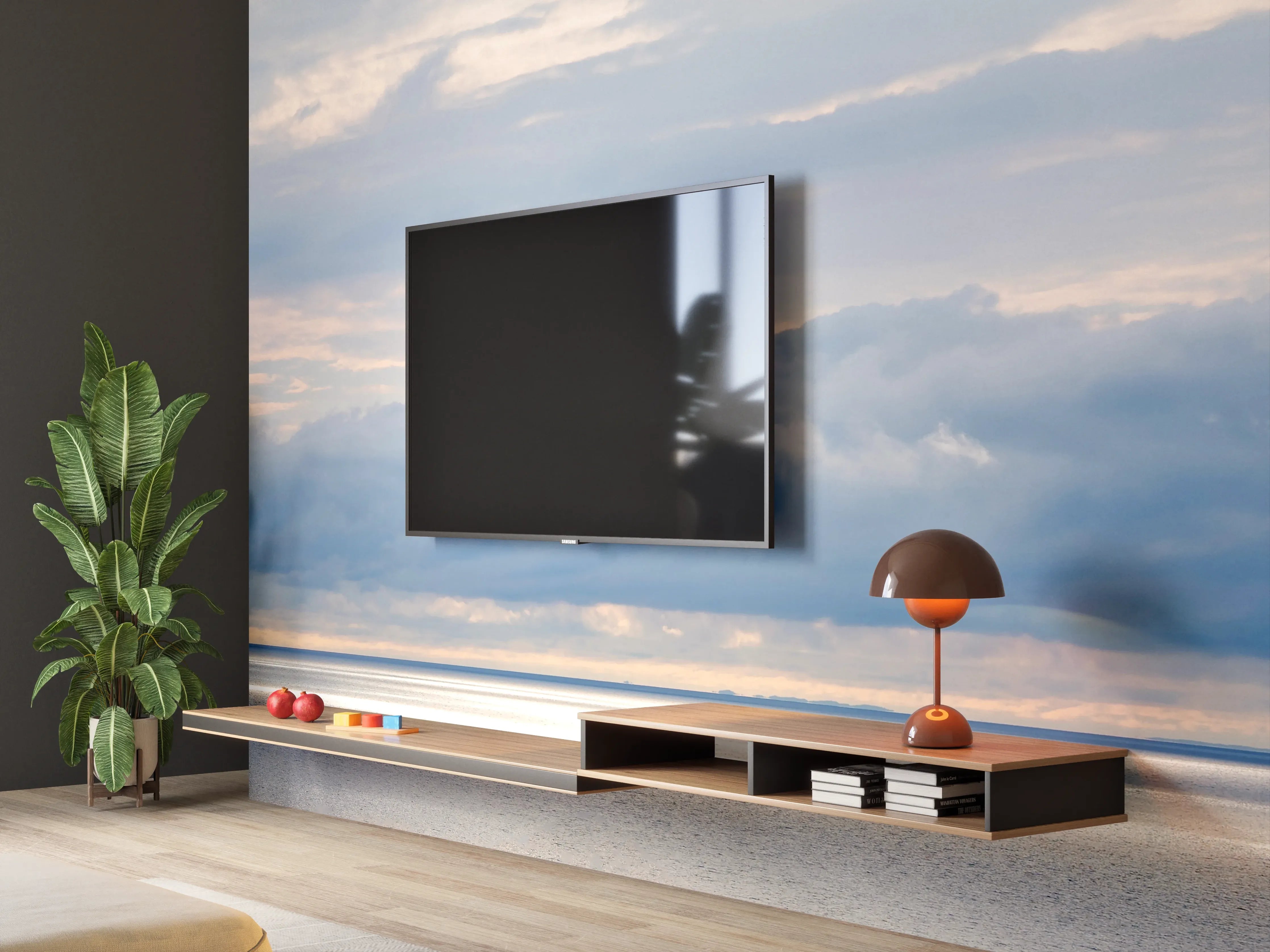 Wandverkleidung Wohnzimmer - Harmonisches Blau-Grau-Meerespanorama