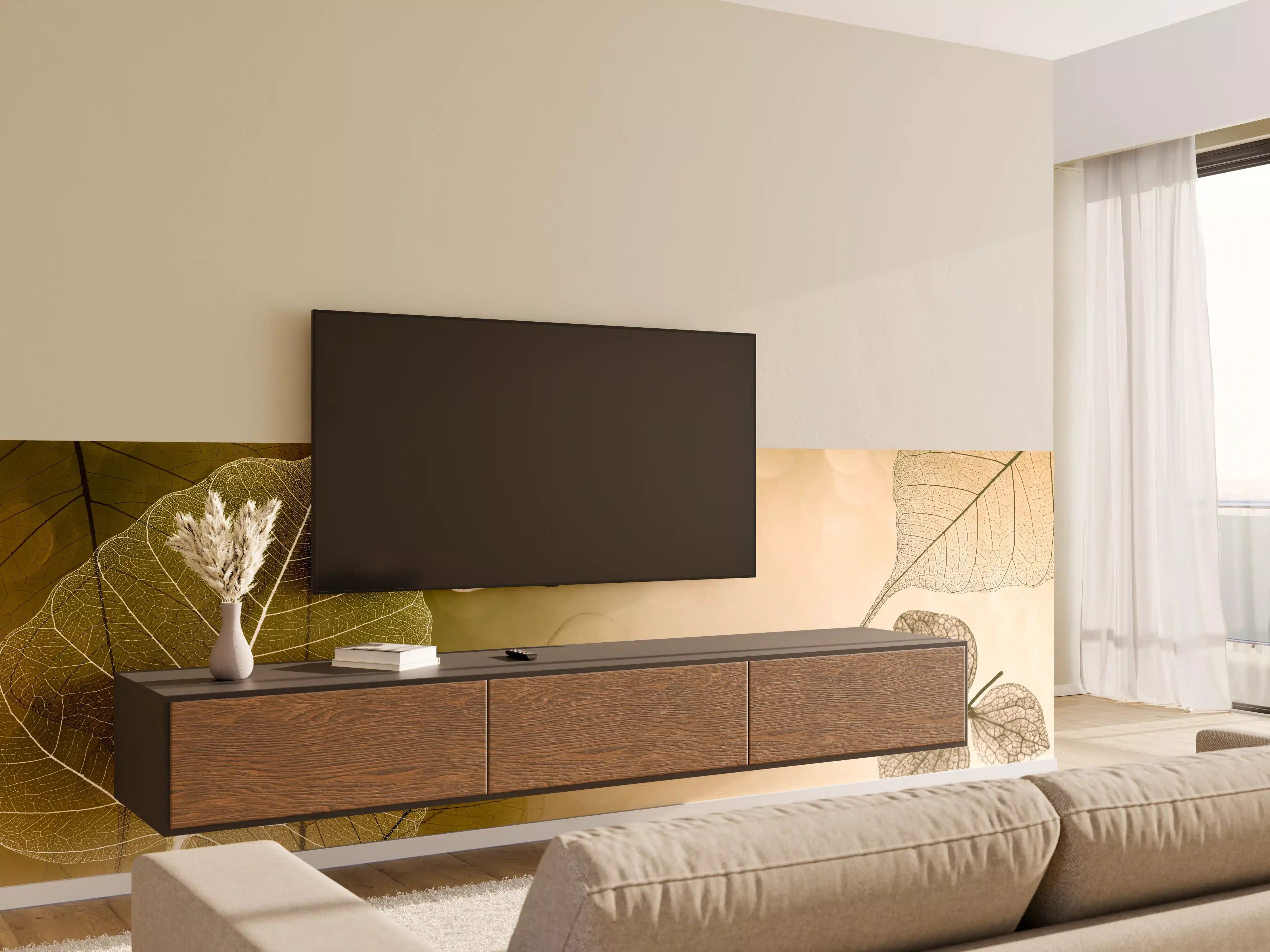 Wandverkleidung Wohnzimmer - Harmonisches Naturbild mit Blättern und Blumen
