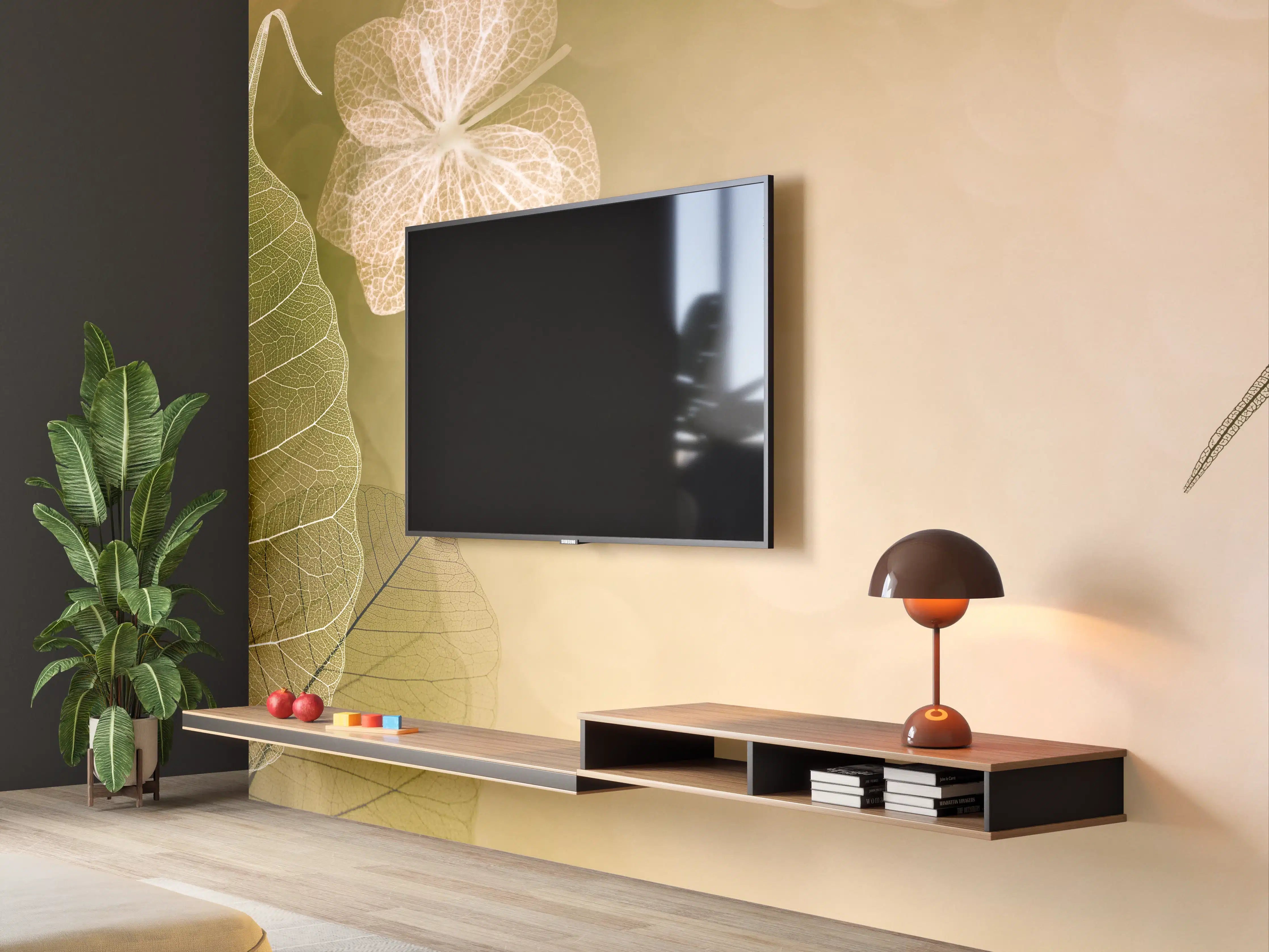 Wandverkleidung Wohnzimmer - Harmonisches Naturbild mit Blättern und Blumen