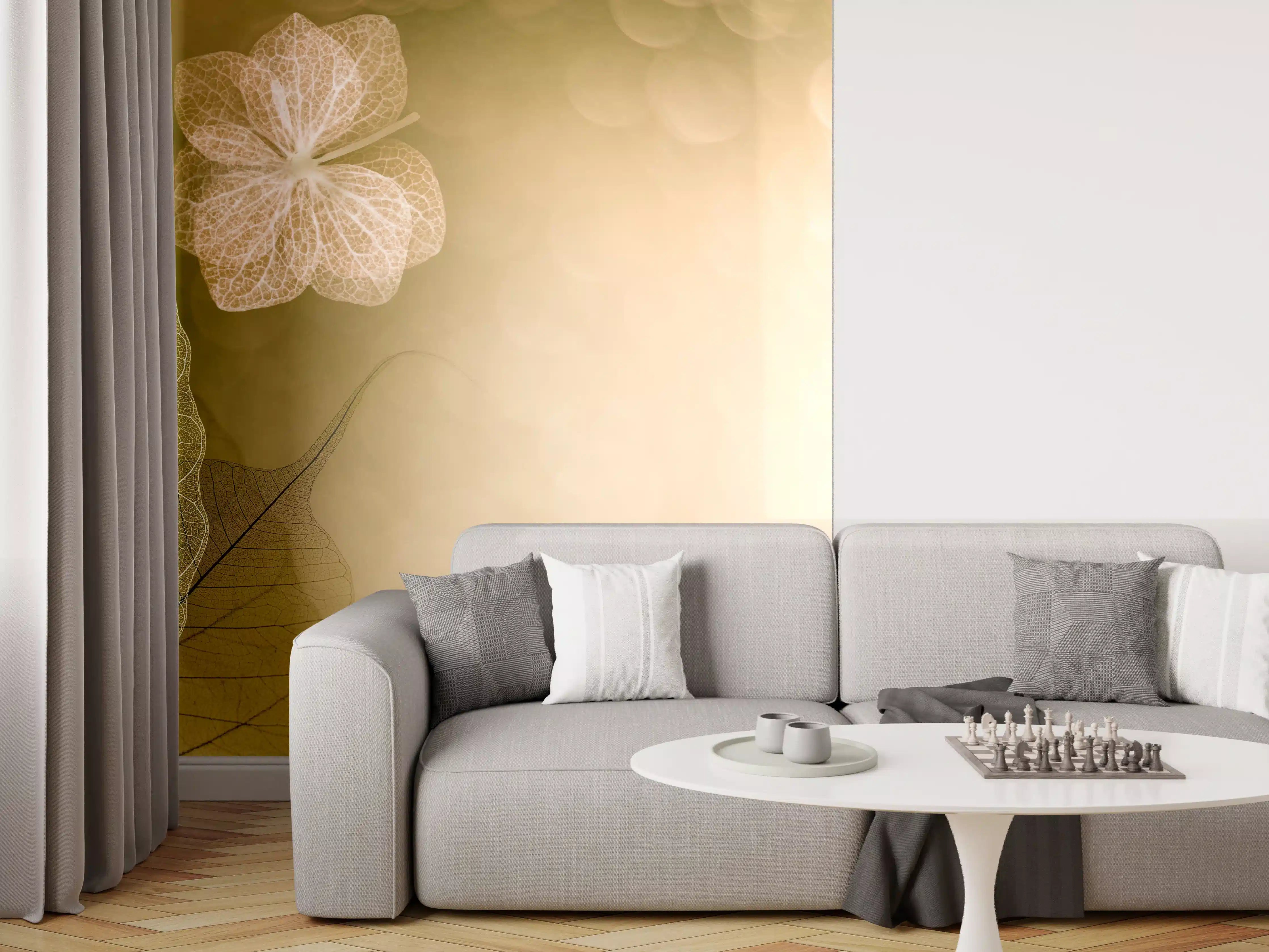 Wandverkleidung Wohnzimmer - Harmonisches Naturbild mit Blättern und Blumen