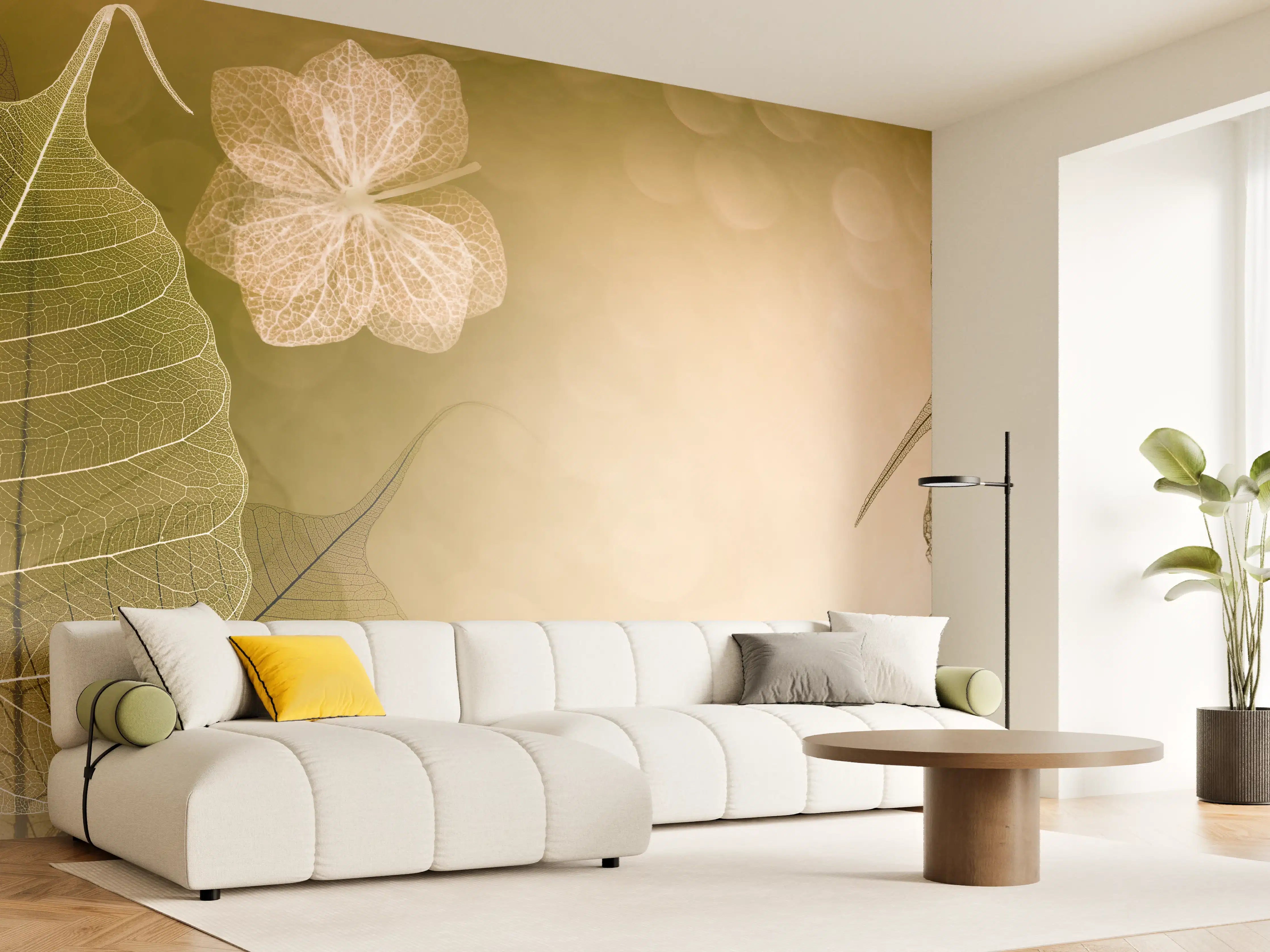 Wandverkleidung Wohnzimmer - Harmonisches Naturbild mit Blättern und Blumen