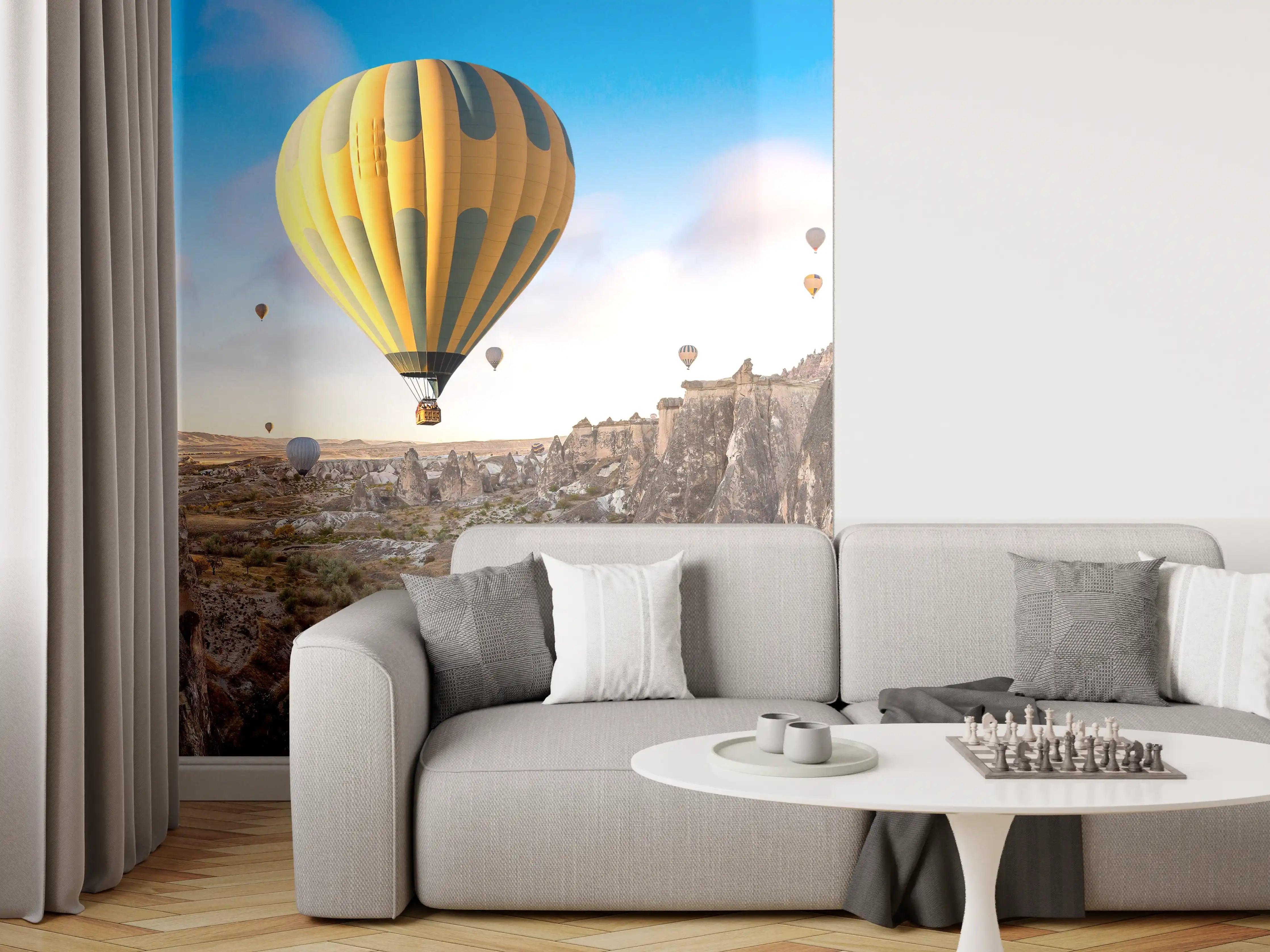Wandverkleidung Wohnzimmer - Heißluftballons über der faszinierenden Landschaft