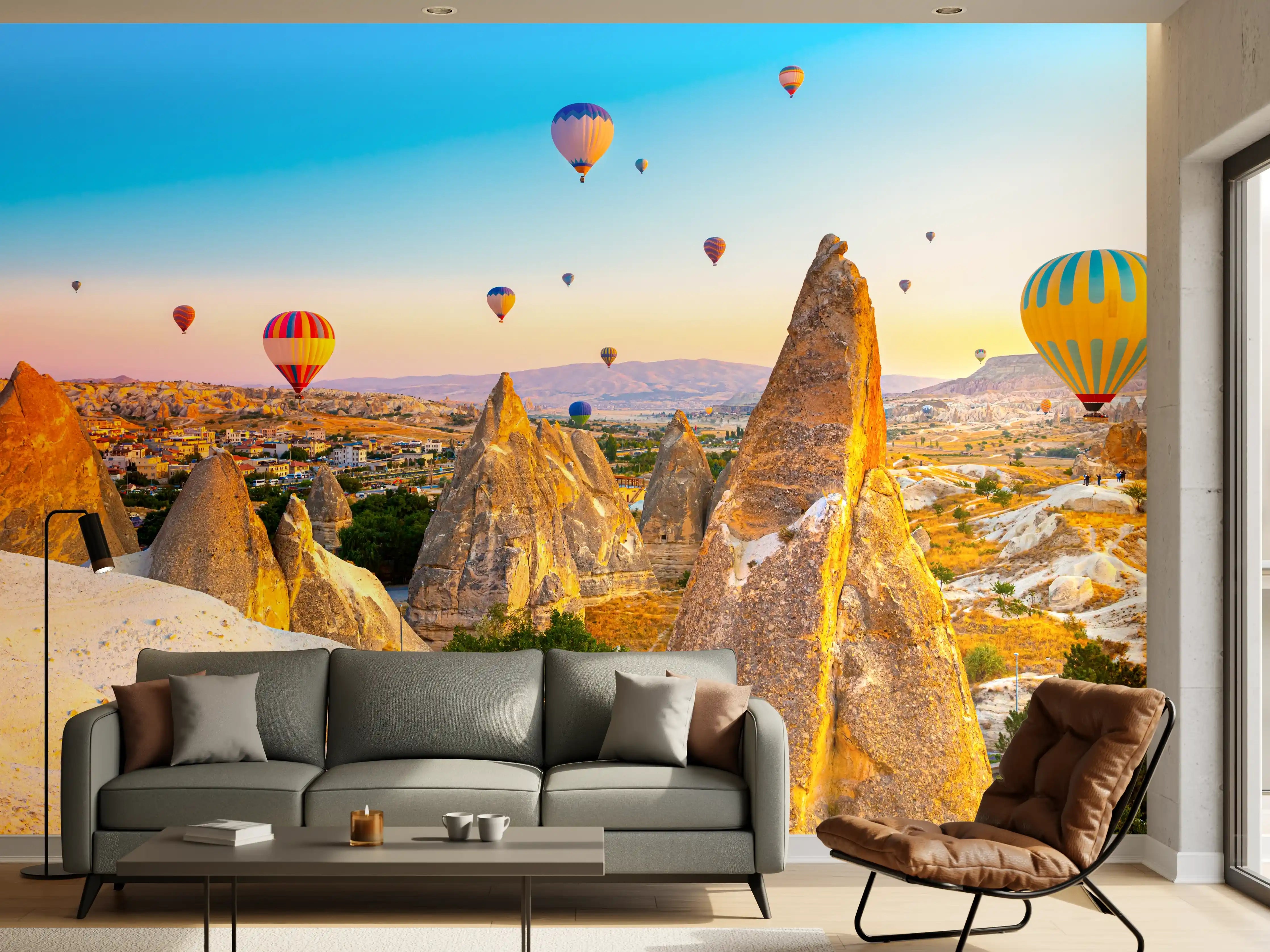 Wandverkleidung Wohnzimmer - Heißluftballons über der faszinierenden Steinlandschaft