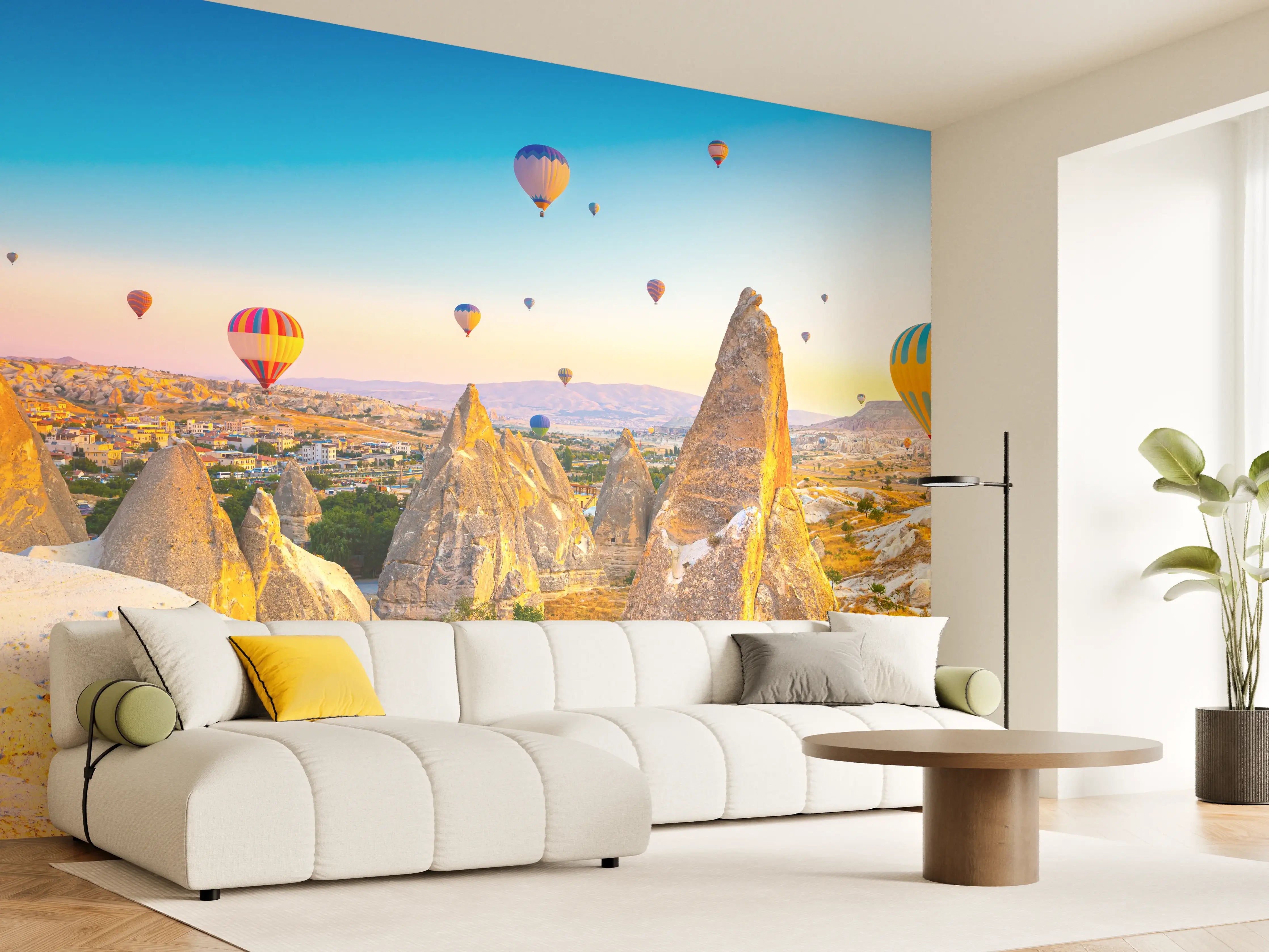 Wandverkleidung Wohnzimmer - Heißluftballons über der faszinierenden Steinlandschaft