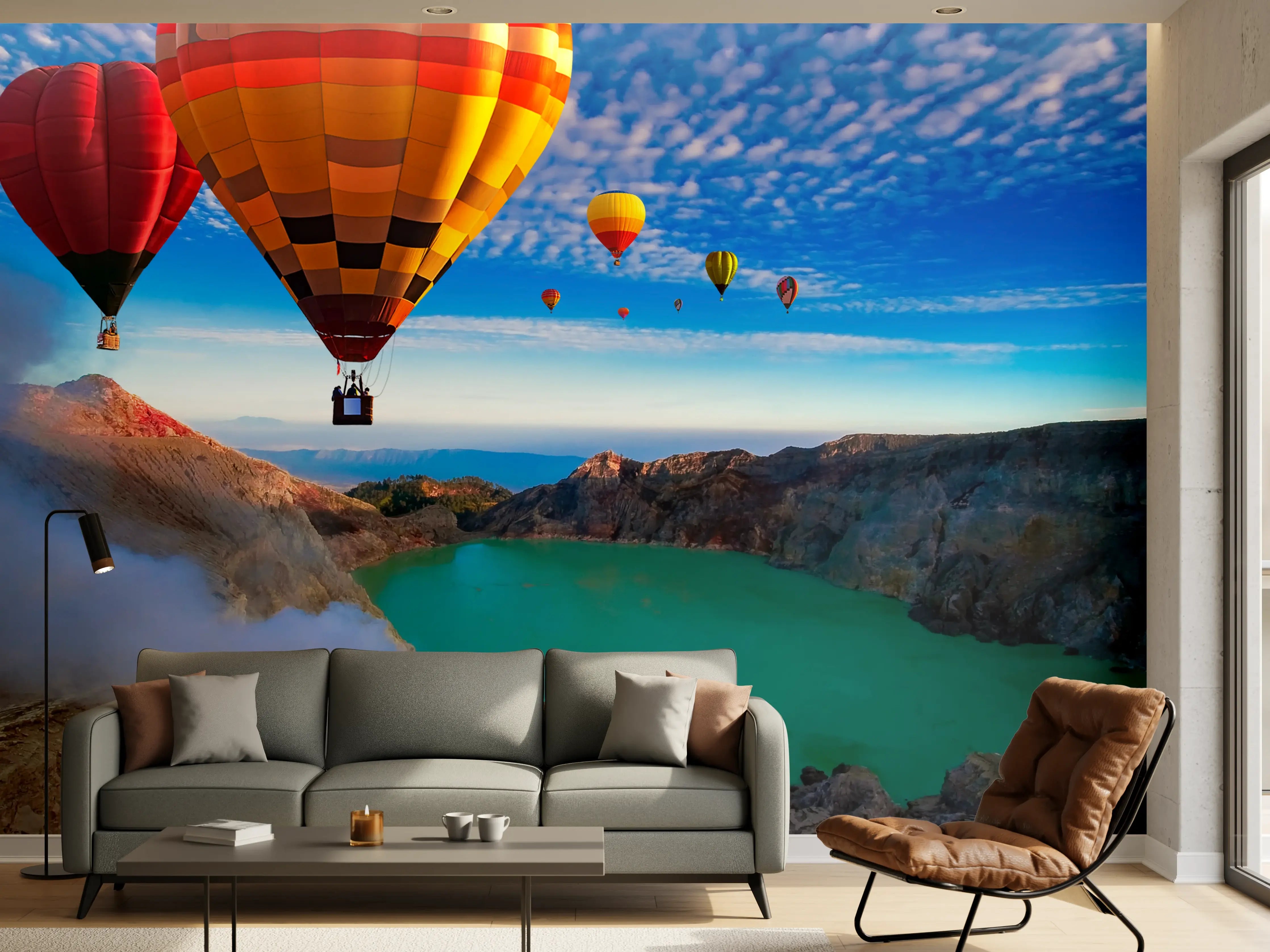 Wandverkleidung Wohnzimmer - Heißluftballons über einem Vulkansee