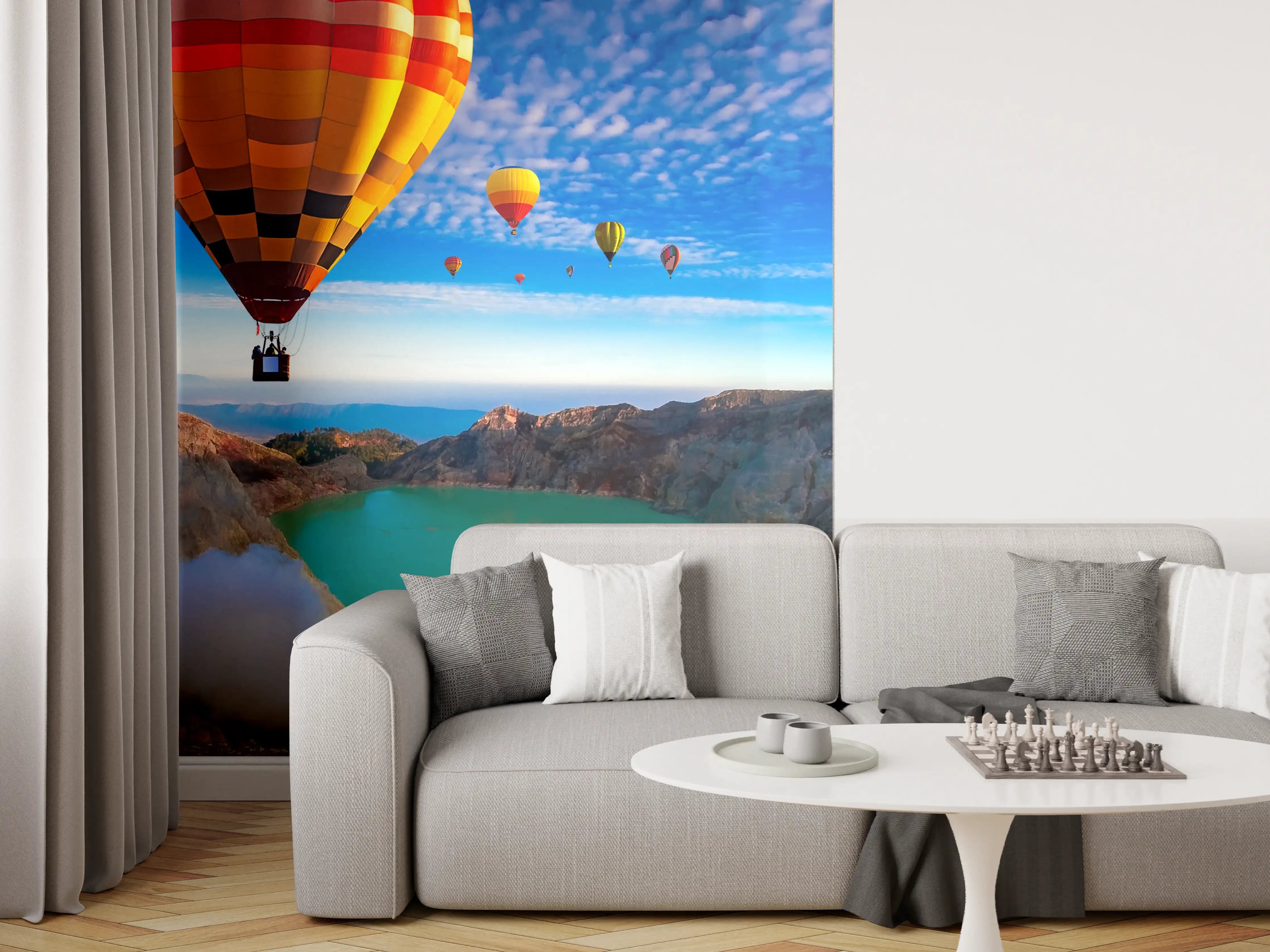 Wandverkleidung Wohnzimmer - Heißluftballons über einem Vulkansee