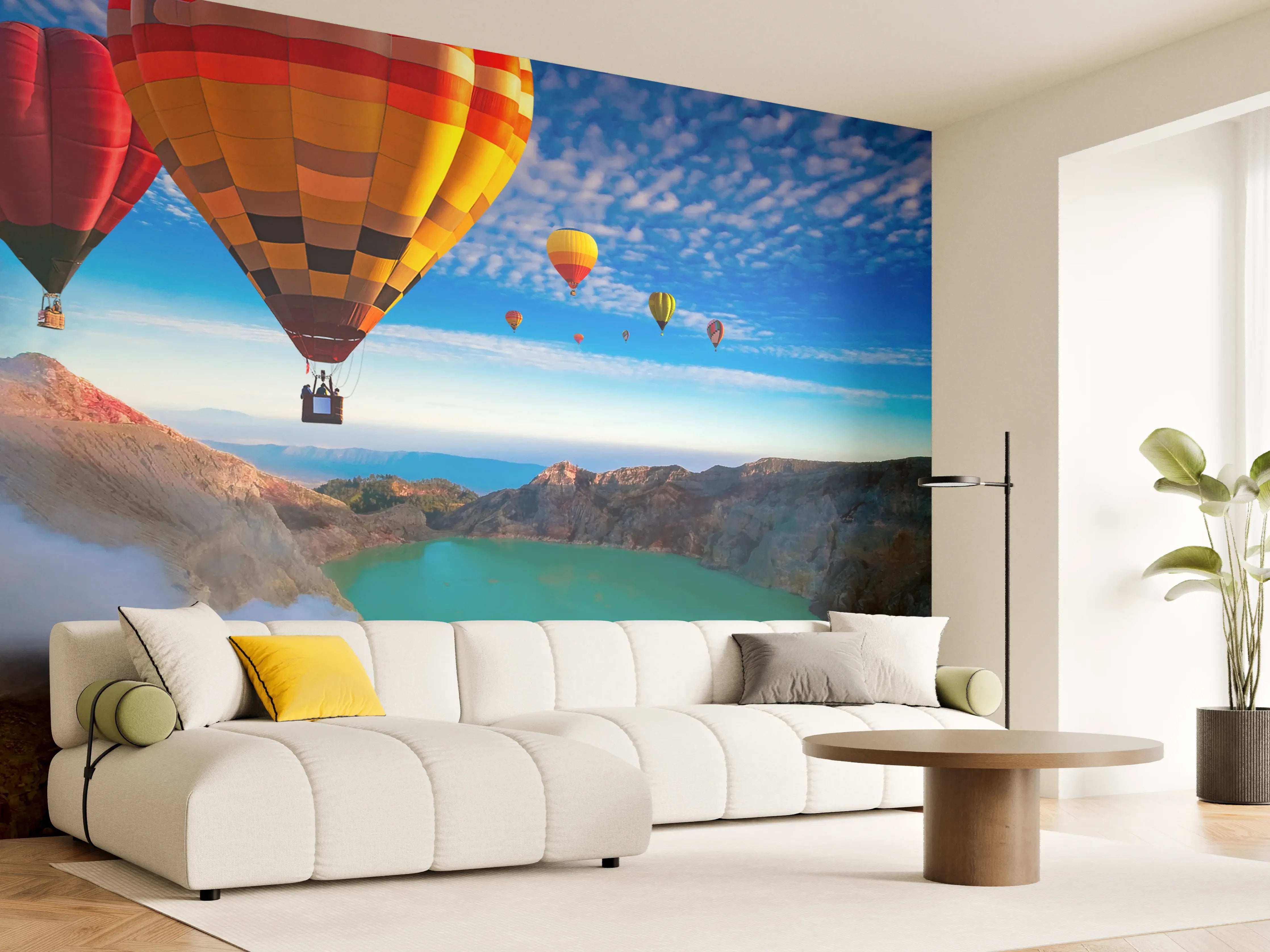 Wandverkleidung Wohnzimmer - Heißluftballons über einem Vulkansee