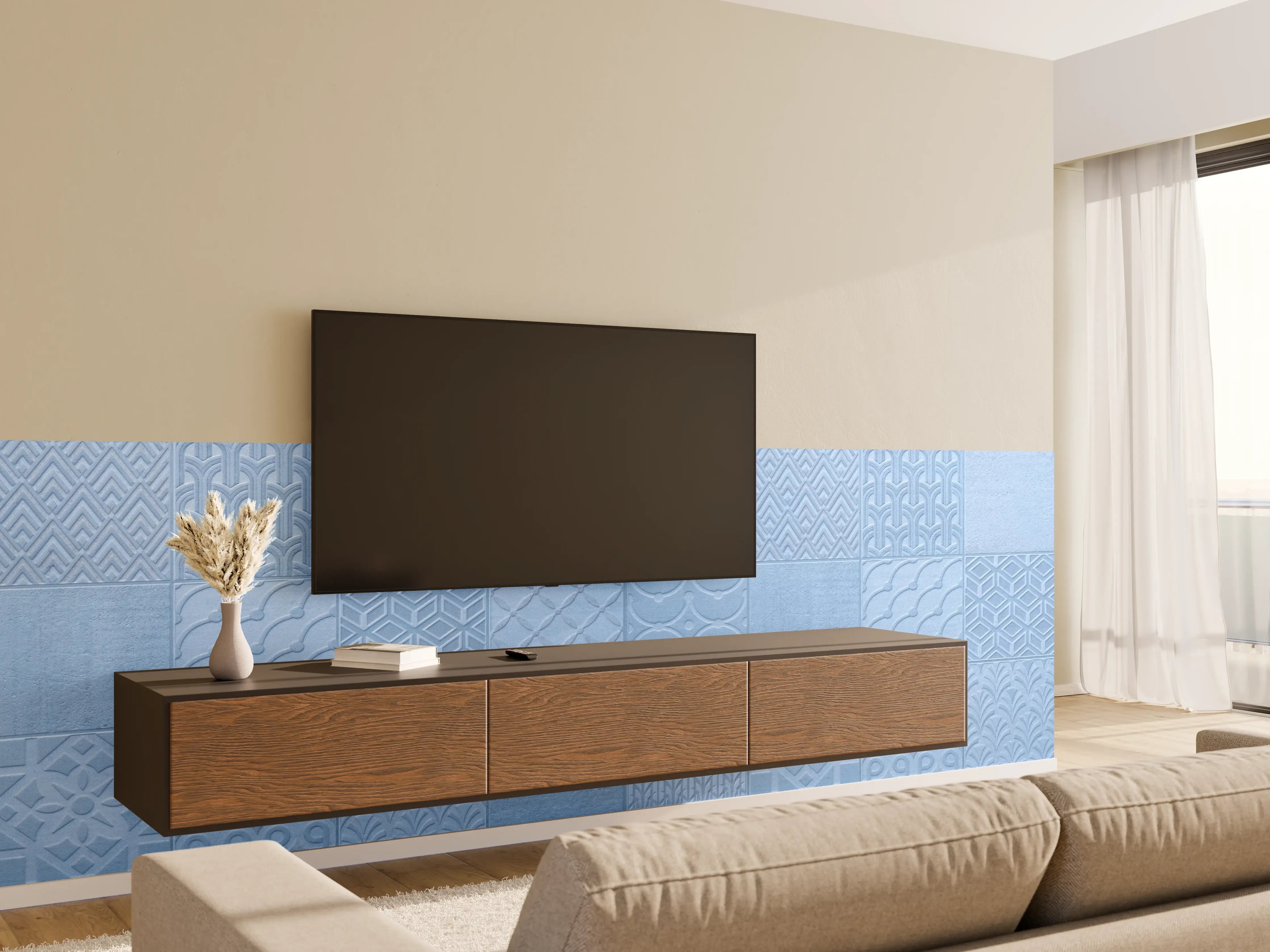 Wandverkleidung Wohnzimmer - Hellblaue Fliesenmuster