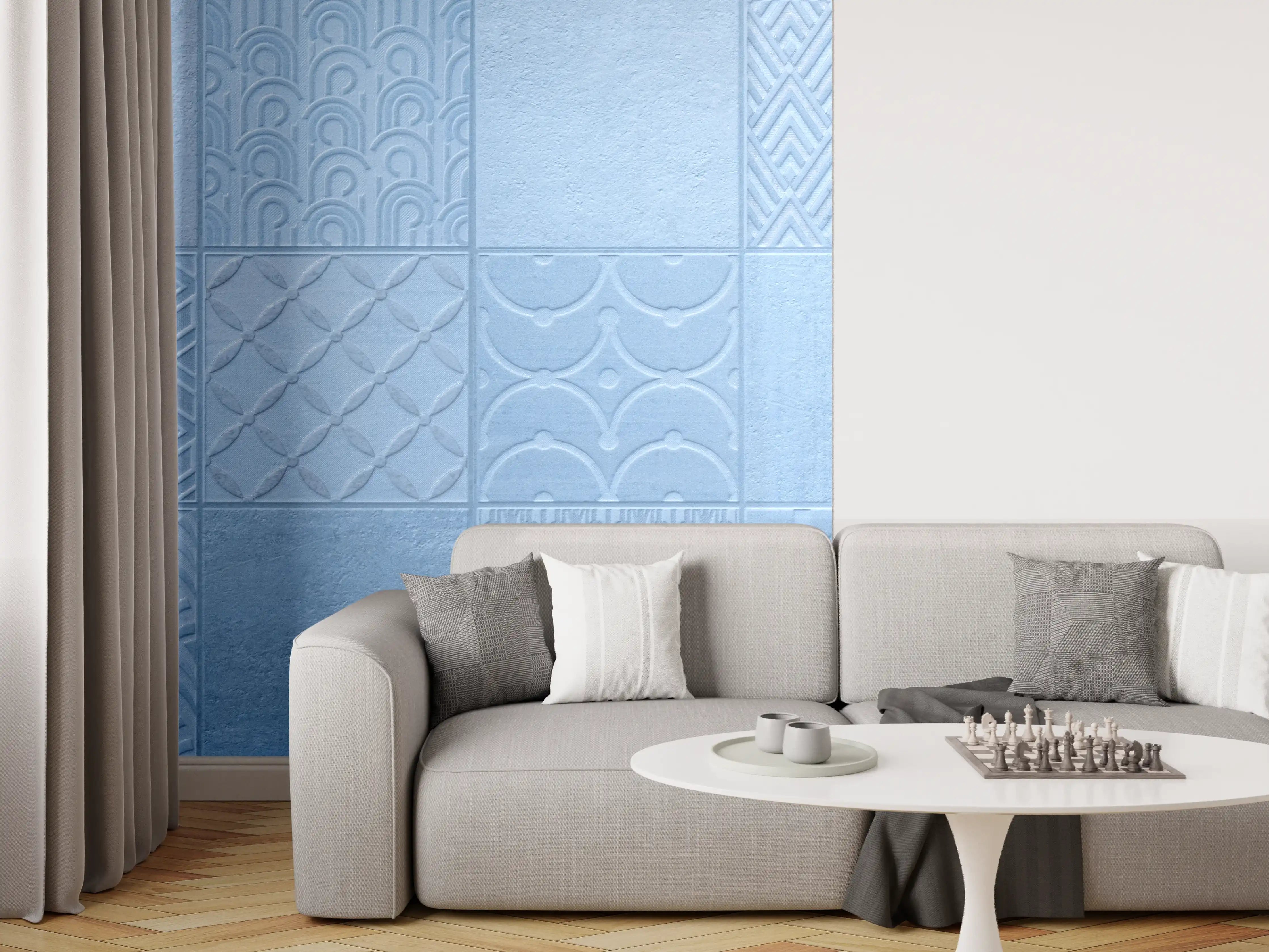 Wandverkleidung Wohnzimmer - Hellblaue Fliesenmuster